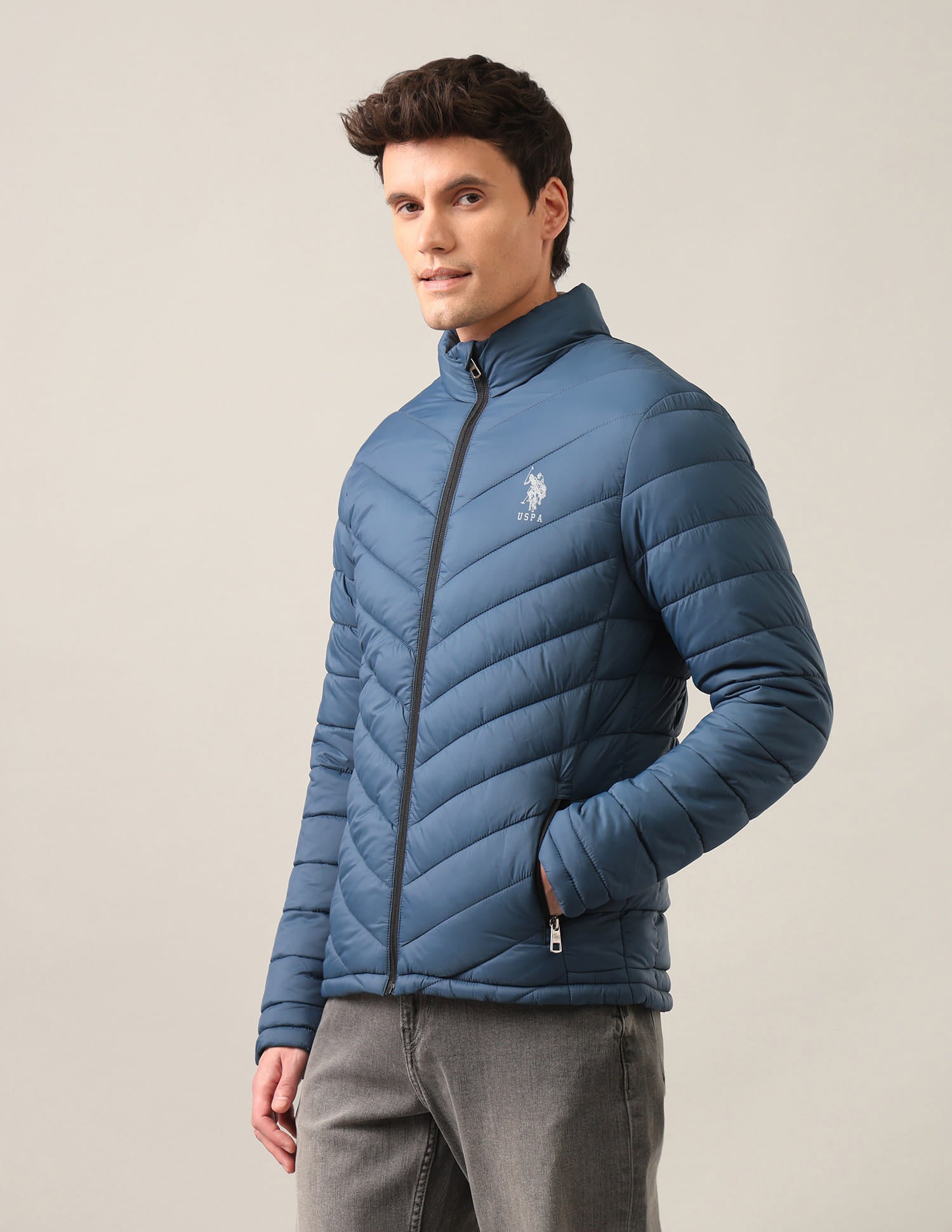 Solid High Neck Jacket Dark Blue - U.S. Polo Assn. India | Large