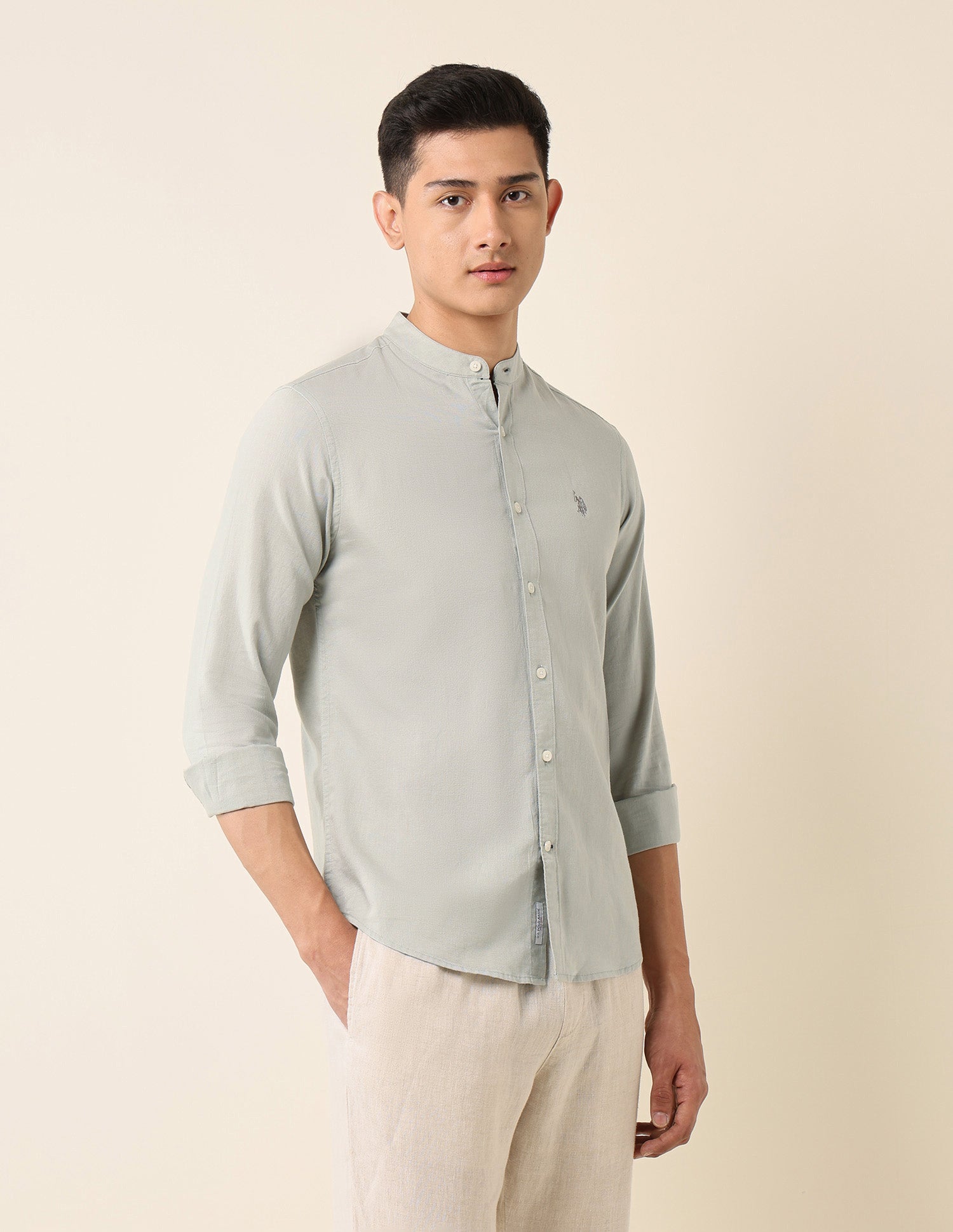 Tailored Fit Mandarin Shirt Light Green - U.S. Polo Assn. India | Large