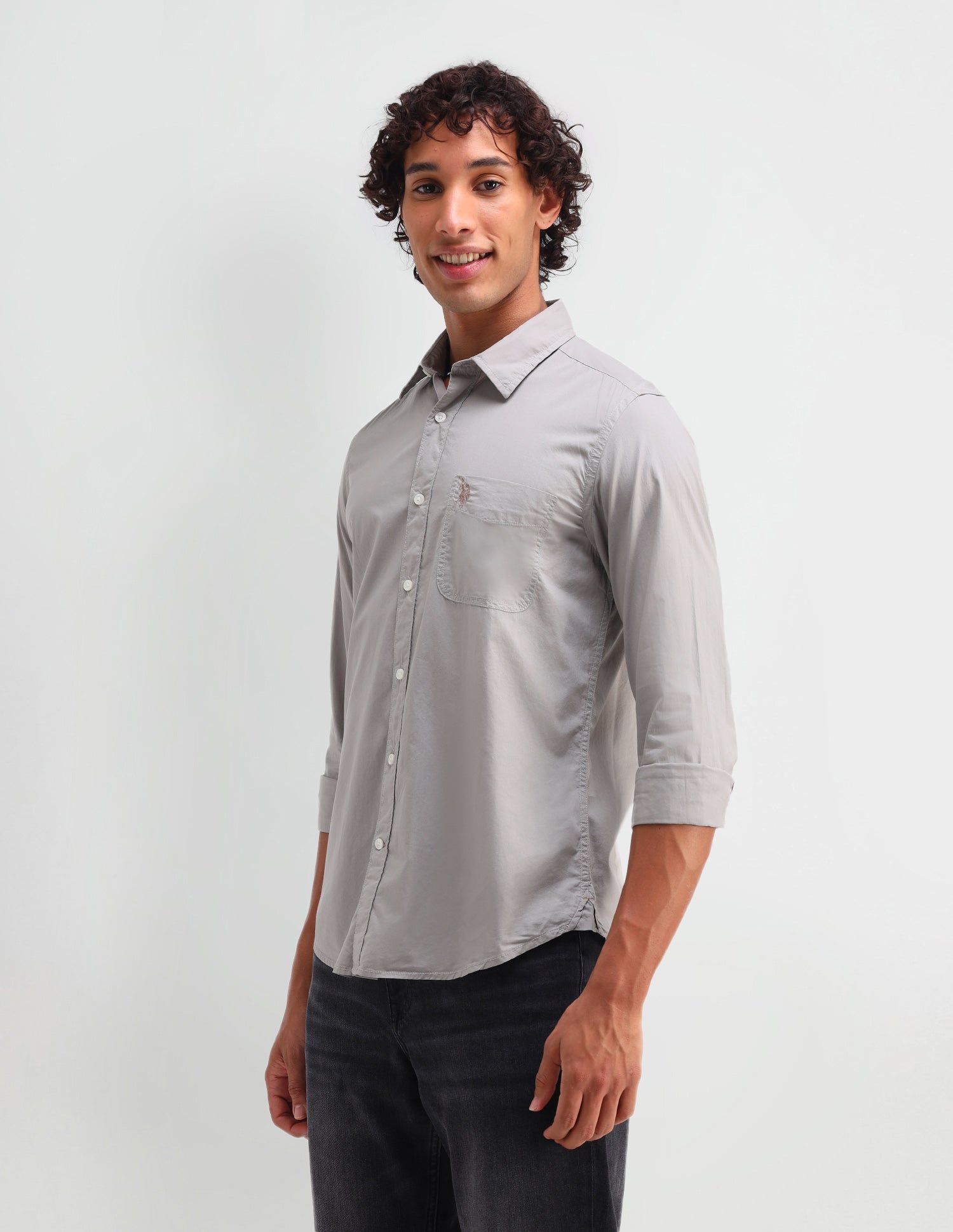 Solid Pattern Twill Shirt Light Grey - U.S. Polo Assn. India | Large