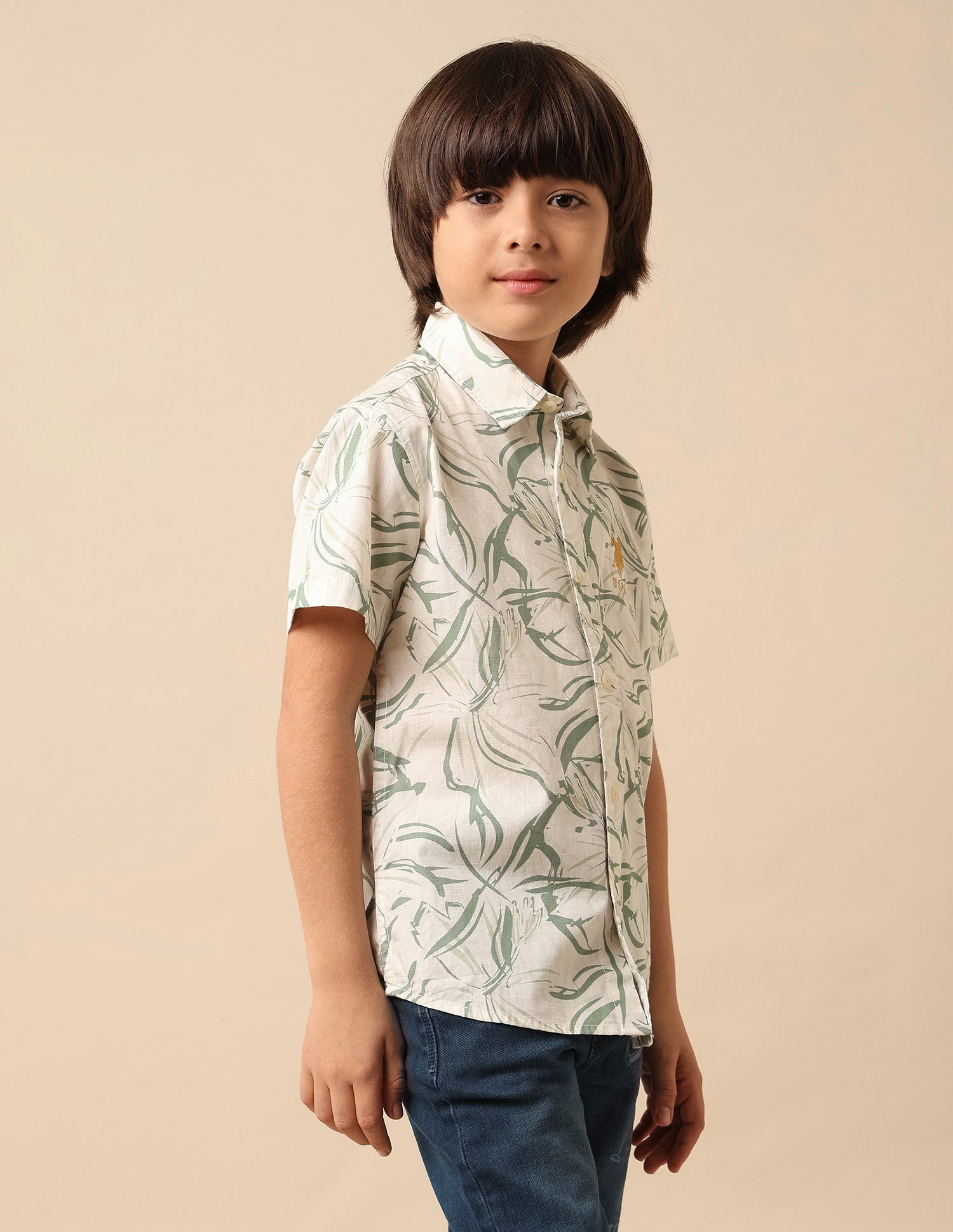 Boys Abstract Printed Pure Cotton Shirt Green - U.S. Polo Assn. India | Large