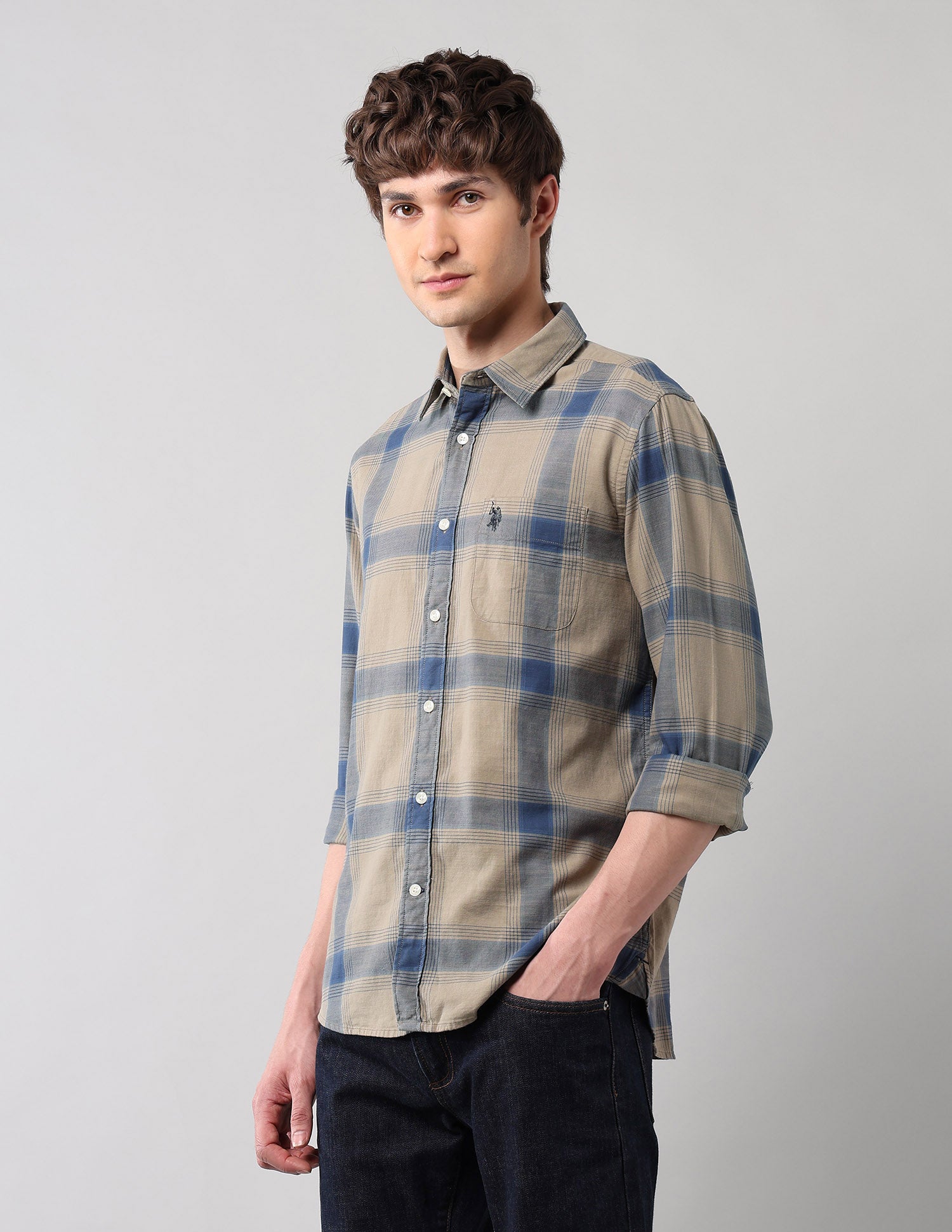 Windowpane Checked Pure Cotton Shirt Khaki - U.S. Polo Assn. India | Large