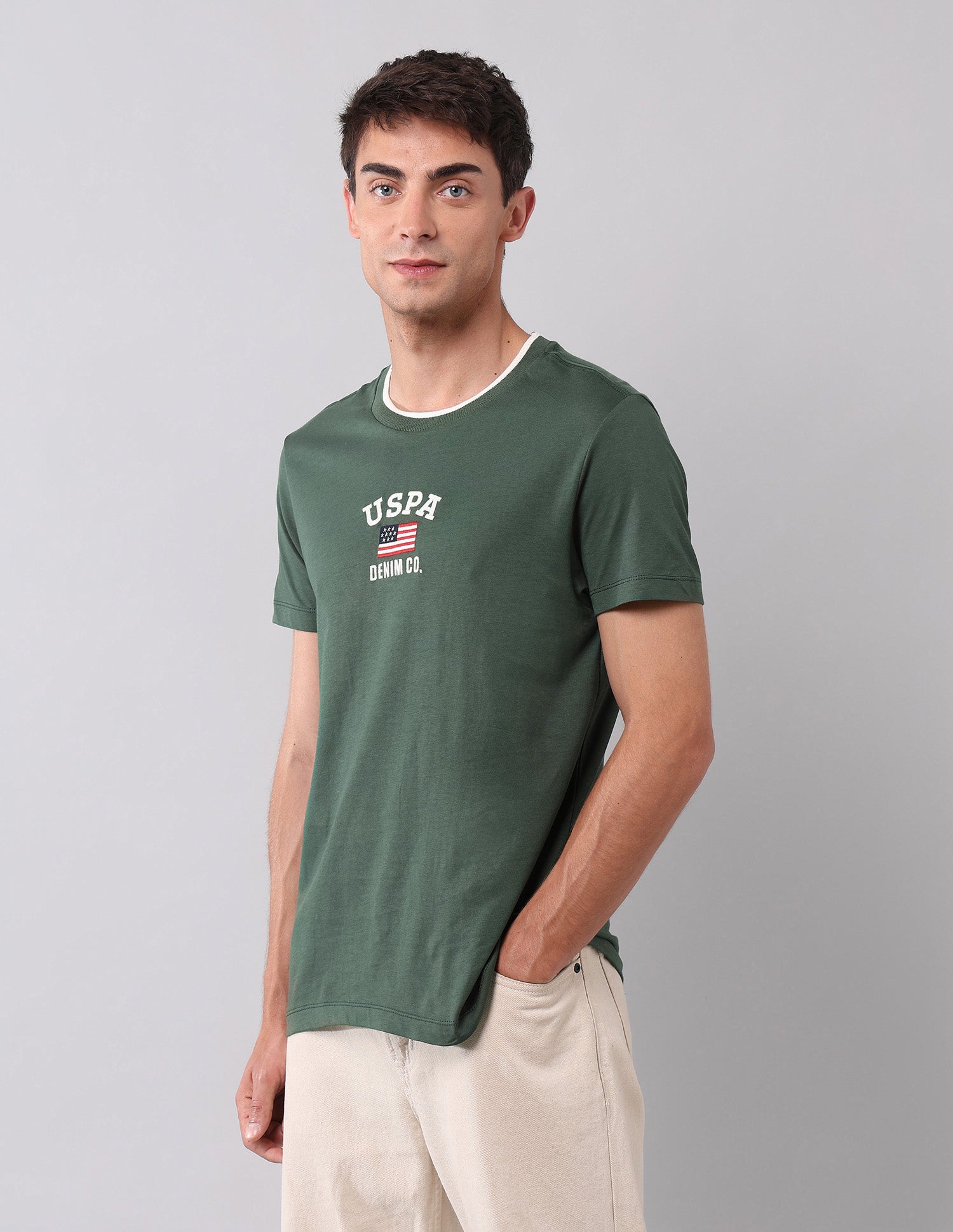 Muscle Fit Brand Embroidered T-Shirt Olive - U.S. Polo Assn. India | Large