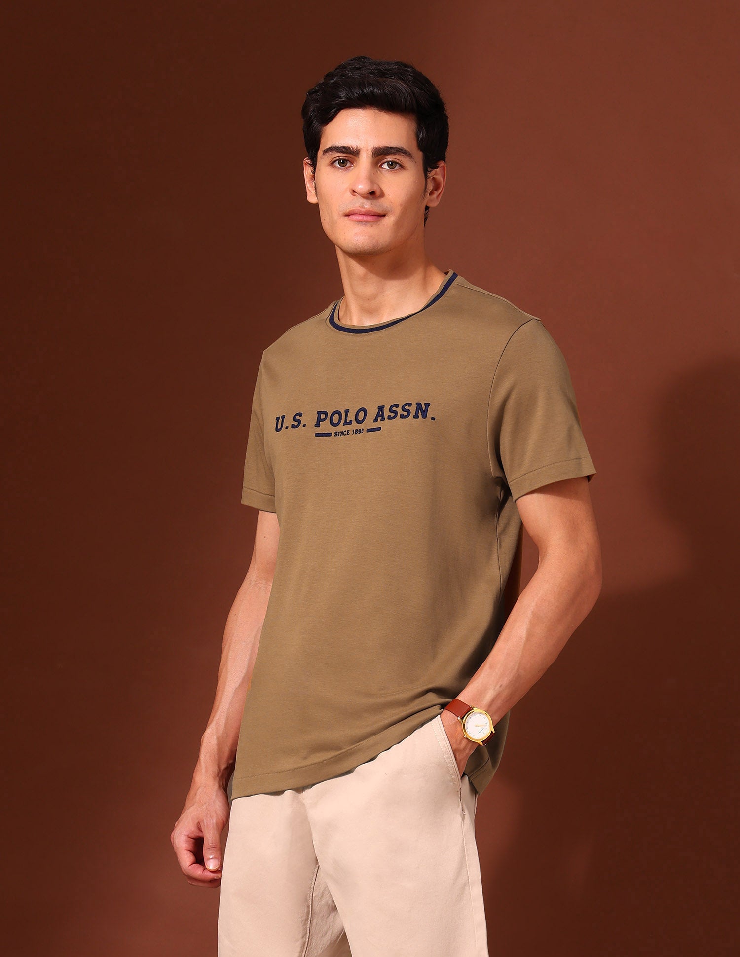 Brand Embroidered Pure Cotton Classic T-Shirt Brown - U.S. Polo Assn. India | Large