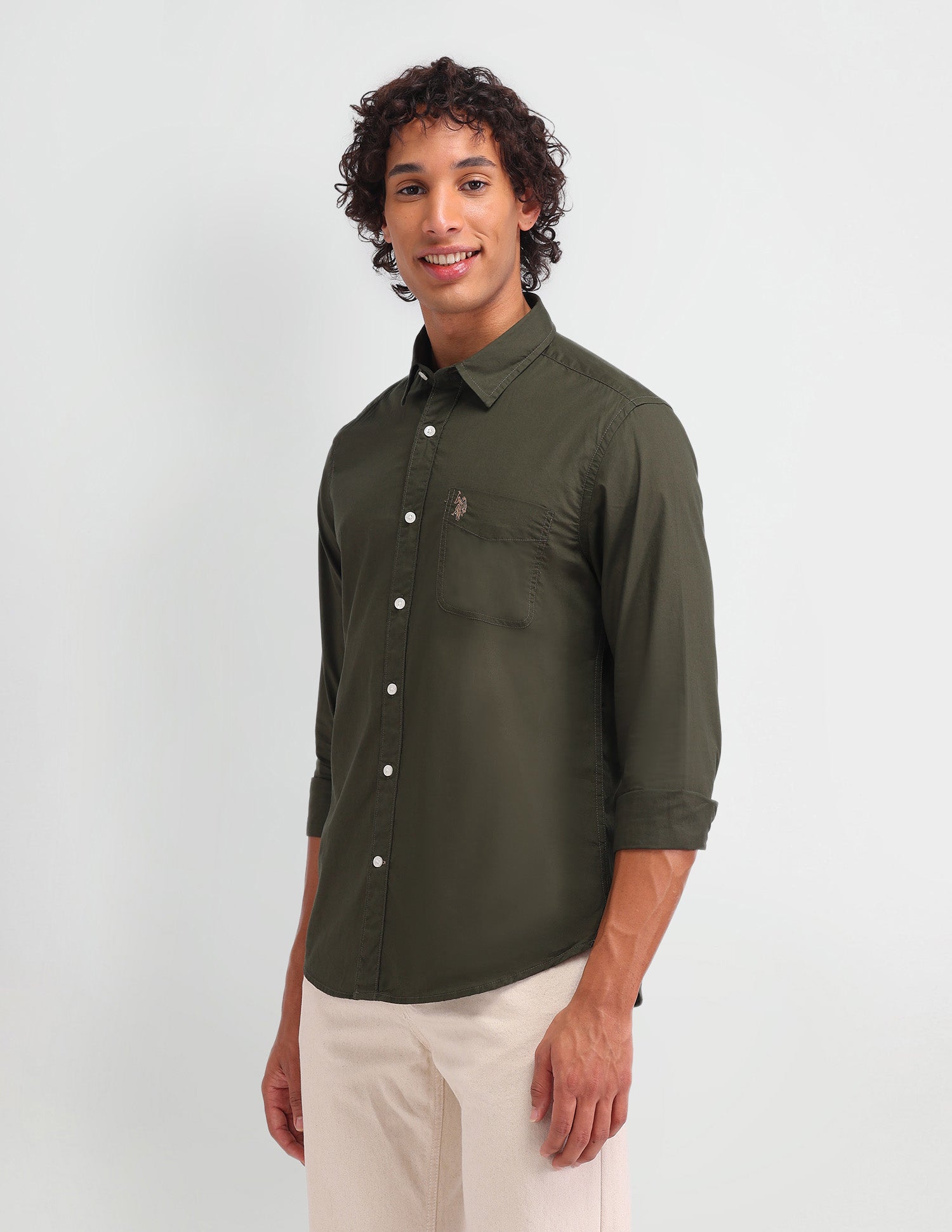 Solid Pattern Twill Shirt Olive - U.S. Polo Assn. India | Large