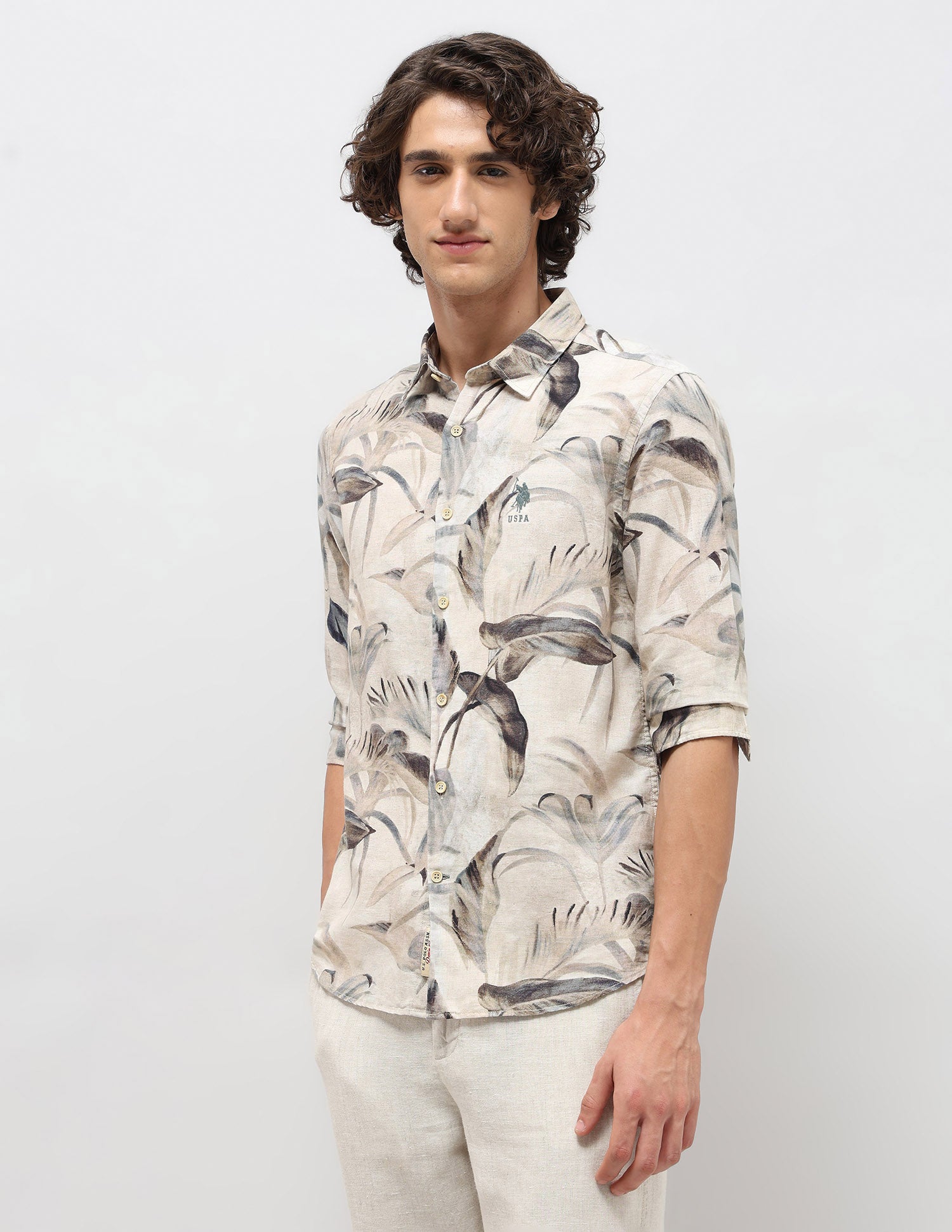 Tropical Printed Regular Fit Shirt Beige - U.S. POLO ASSN. | Large