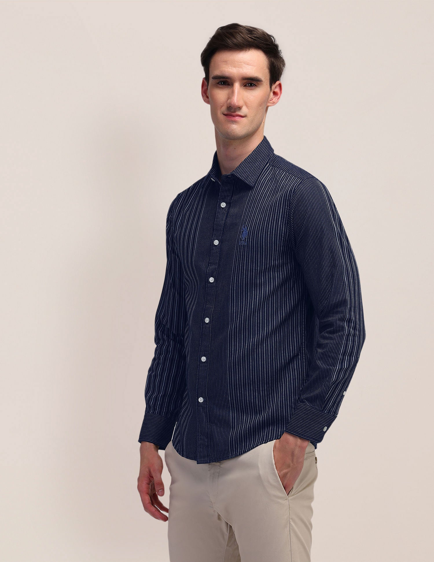 Vertical Striped Slim Fit Shirt Indigo - U.S. Polo Assn. India | Large