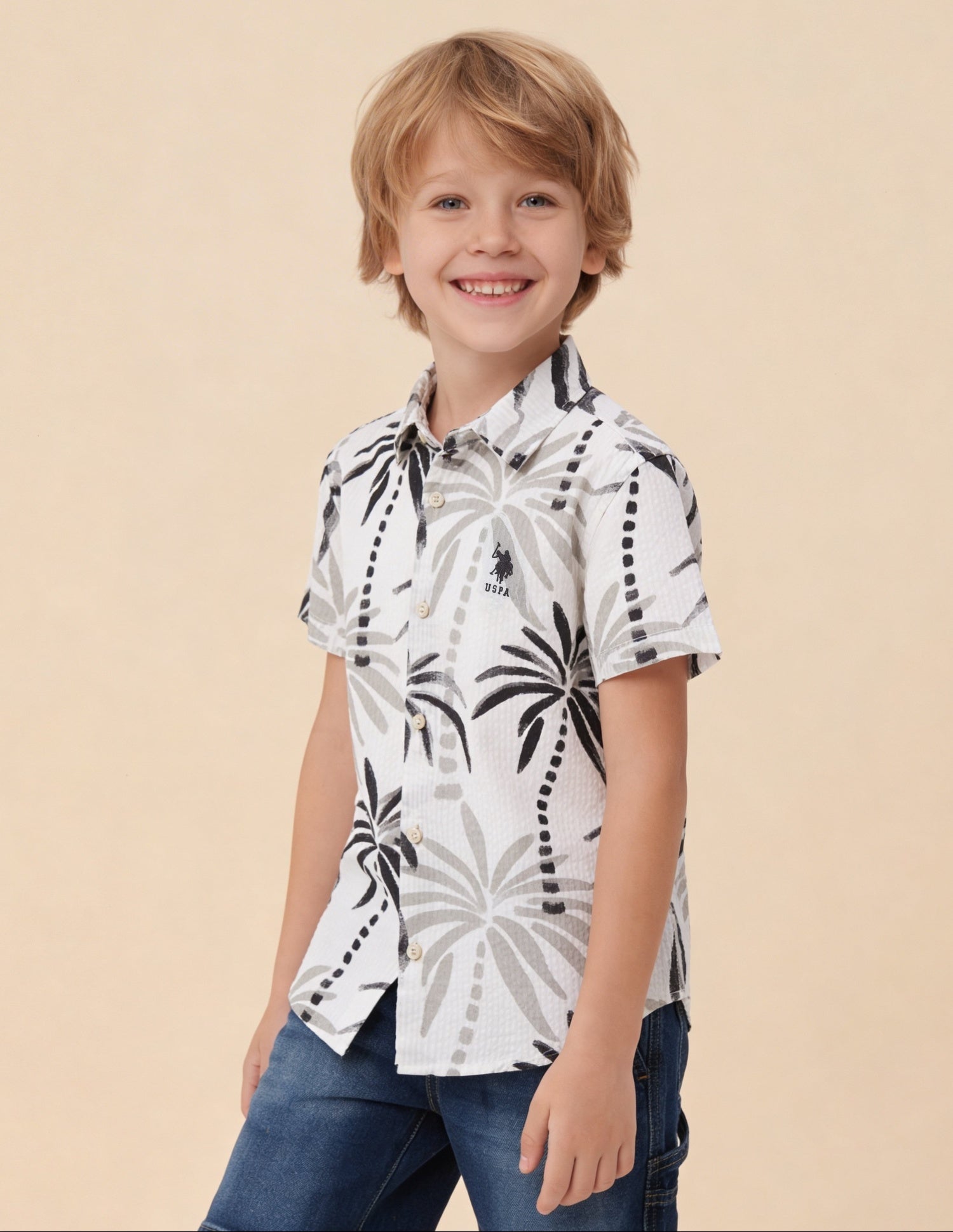 Tropical Printed Seersucker Shirt Light Grey - U.S. Polo Assn. India | Large