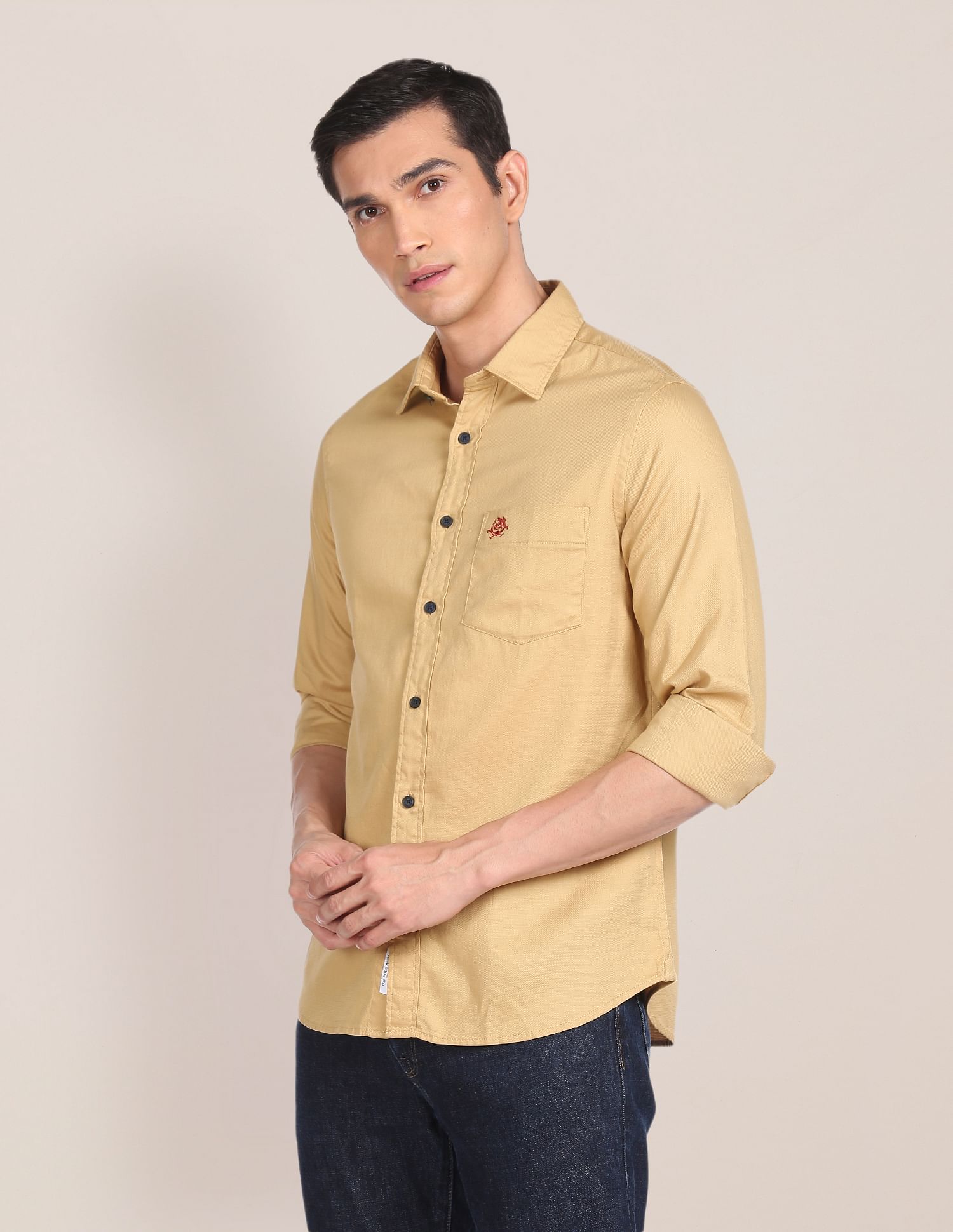 Spread Collar Solid Casual Shirt Khaki - U.S. POLO ASSN. | Large
