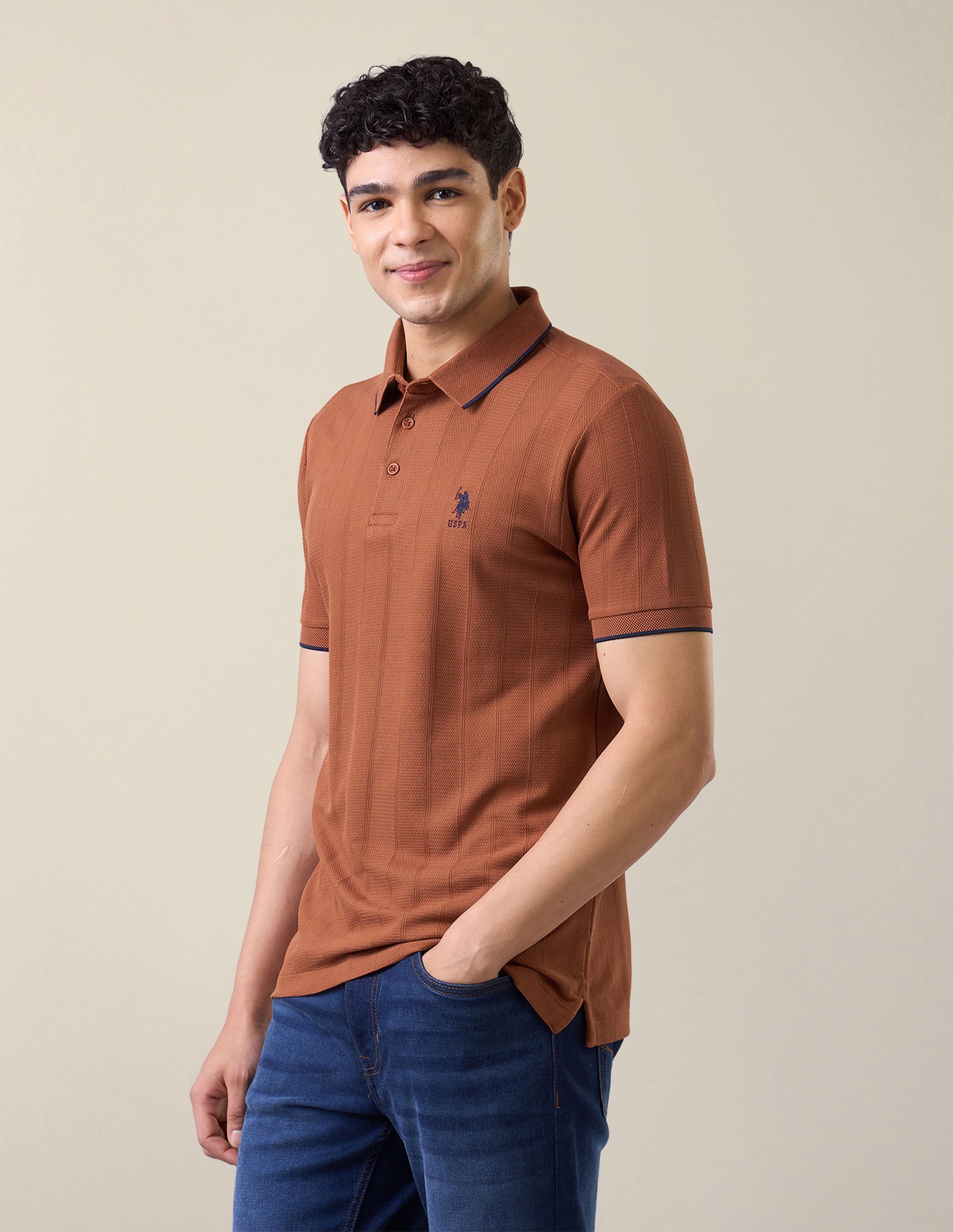 Self Design Vertical Striped Slim Fit Polo Shirt Rust - U.S. Polo Assn. India | Large