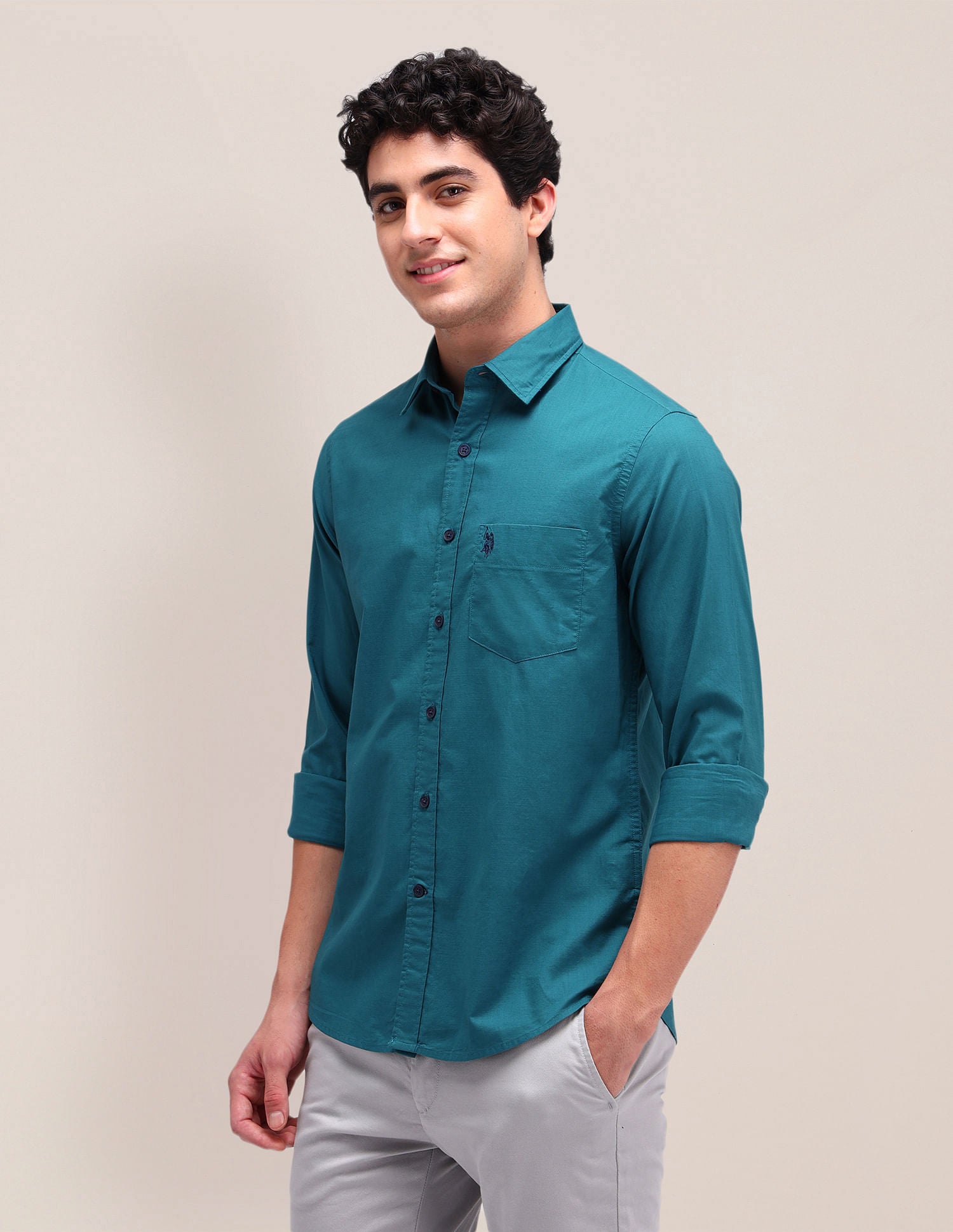 Solid Regular Fit Shirt Teal - U.S. Polo Assn. India | Large