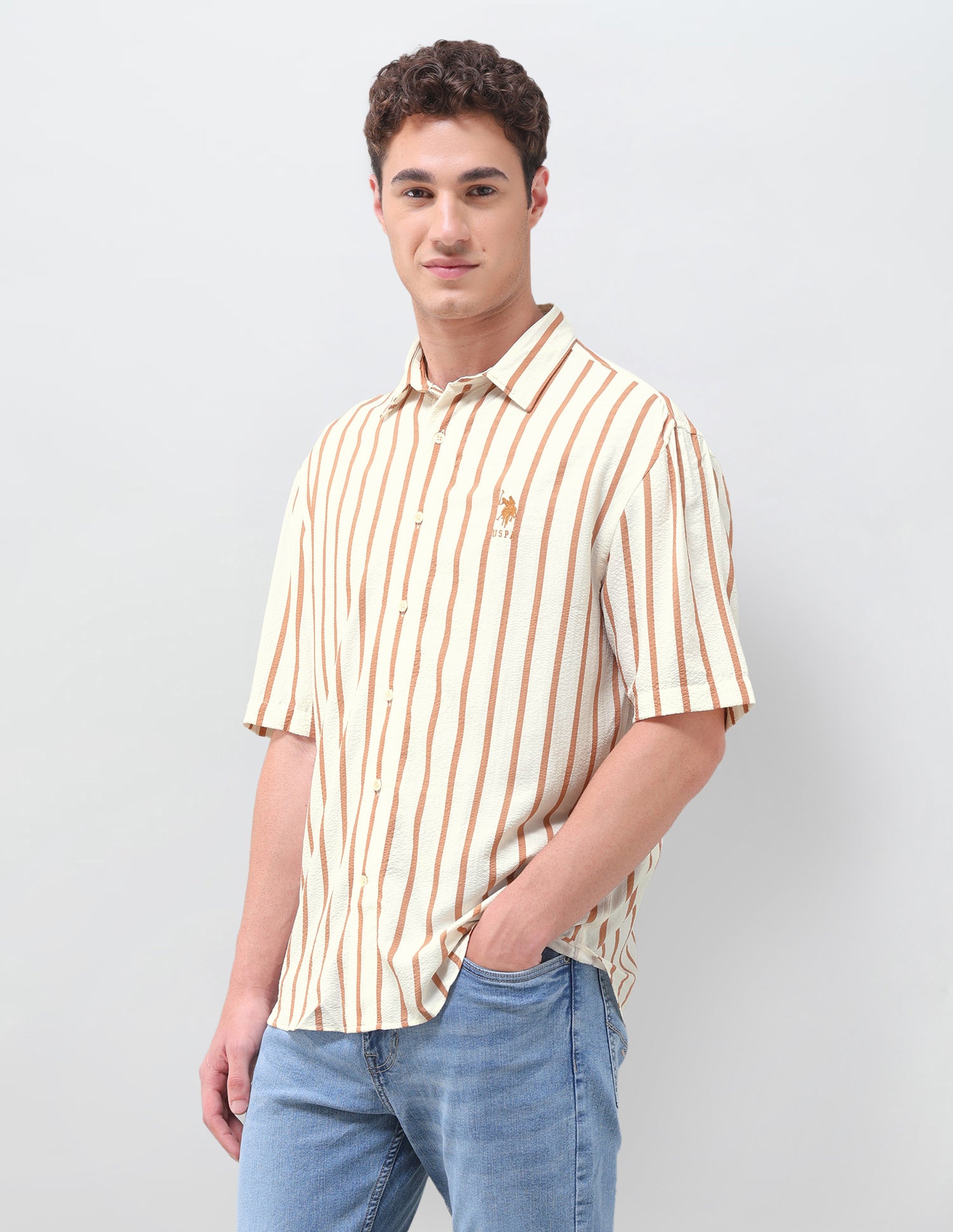 Vertical Striped Seersucker Weave Shirt Light Brown - U.S. Polo Assn. India | Large