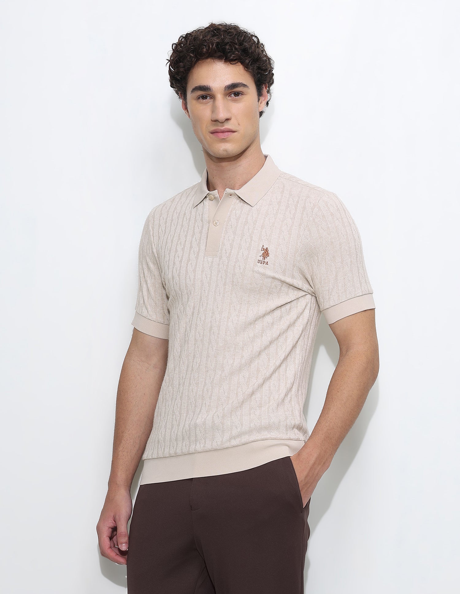 Textured Slim Fit Polo Shirt Beige - U.S. Polo Assn. India | Large