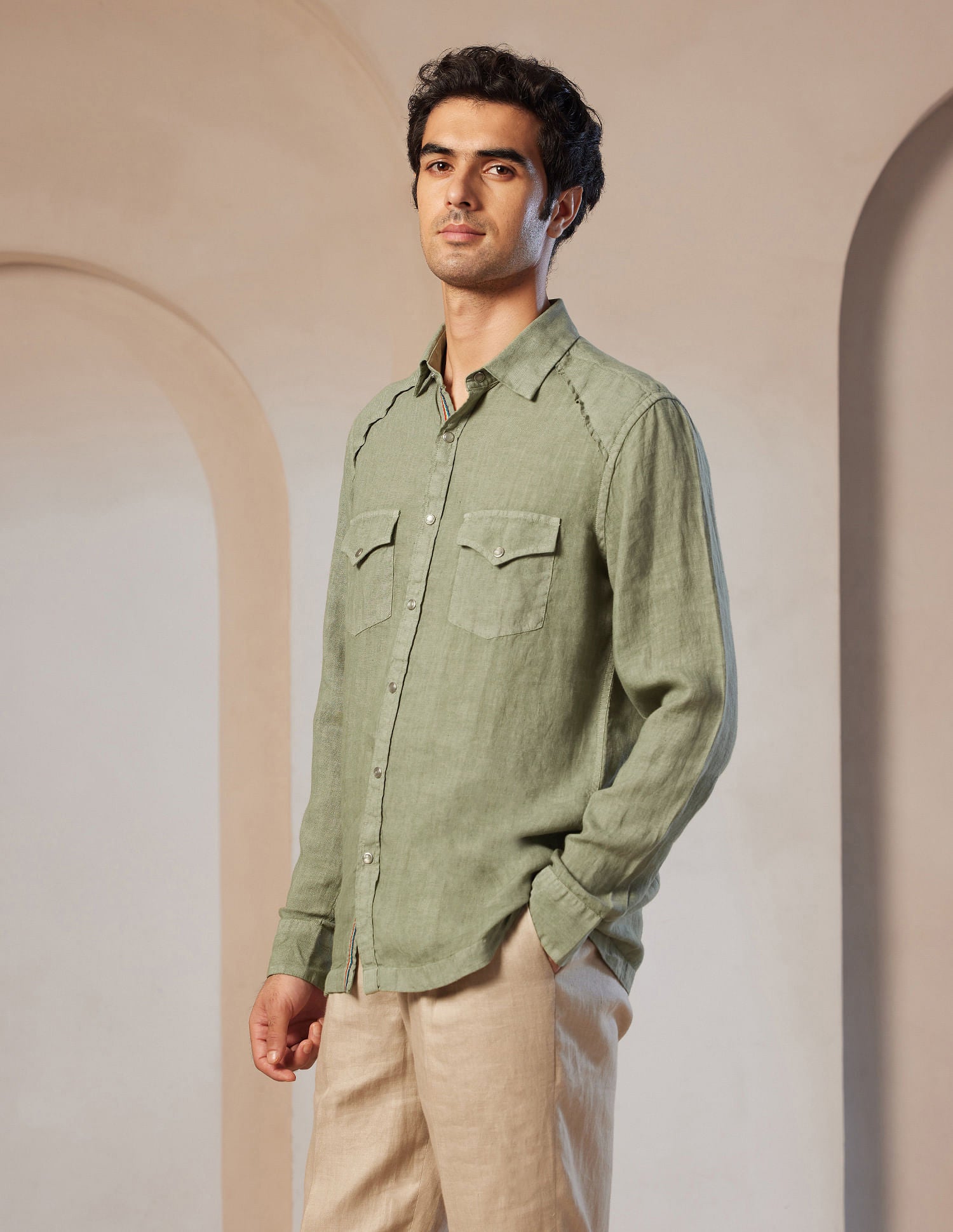 Pacho X Tailored Fit Linen Shirt Olive - U.S. POLO ASSN. | Large