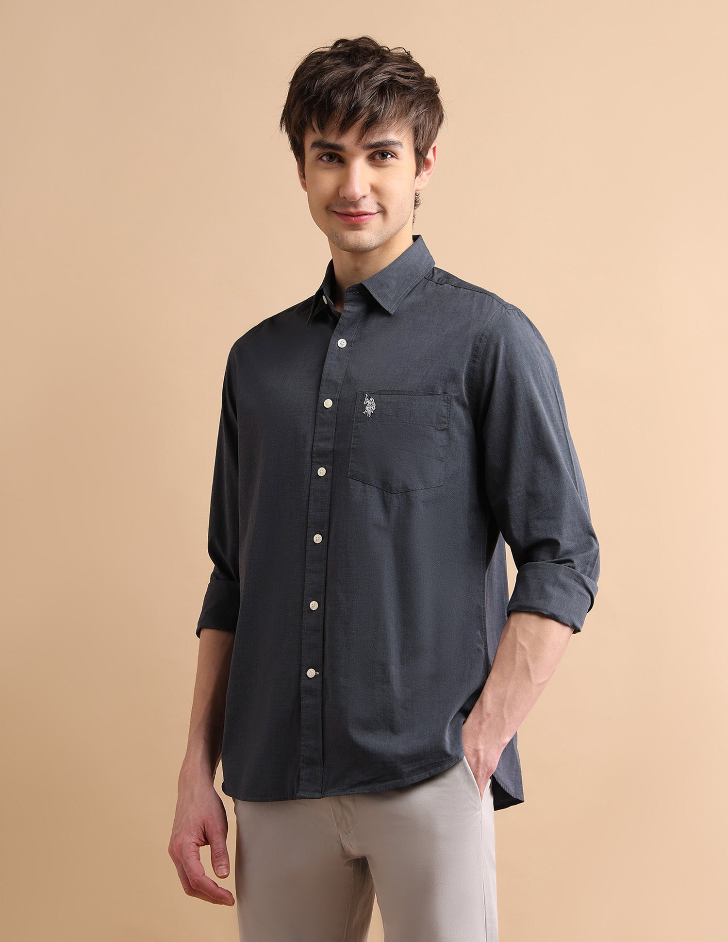 Textured Cotton Shirt Dark Grey - U.S. POLO ASSN. | Large