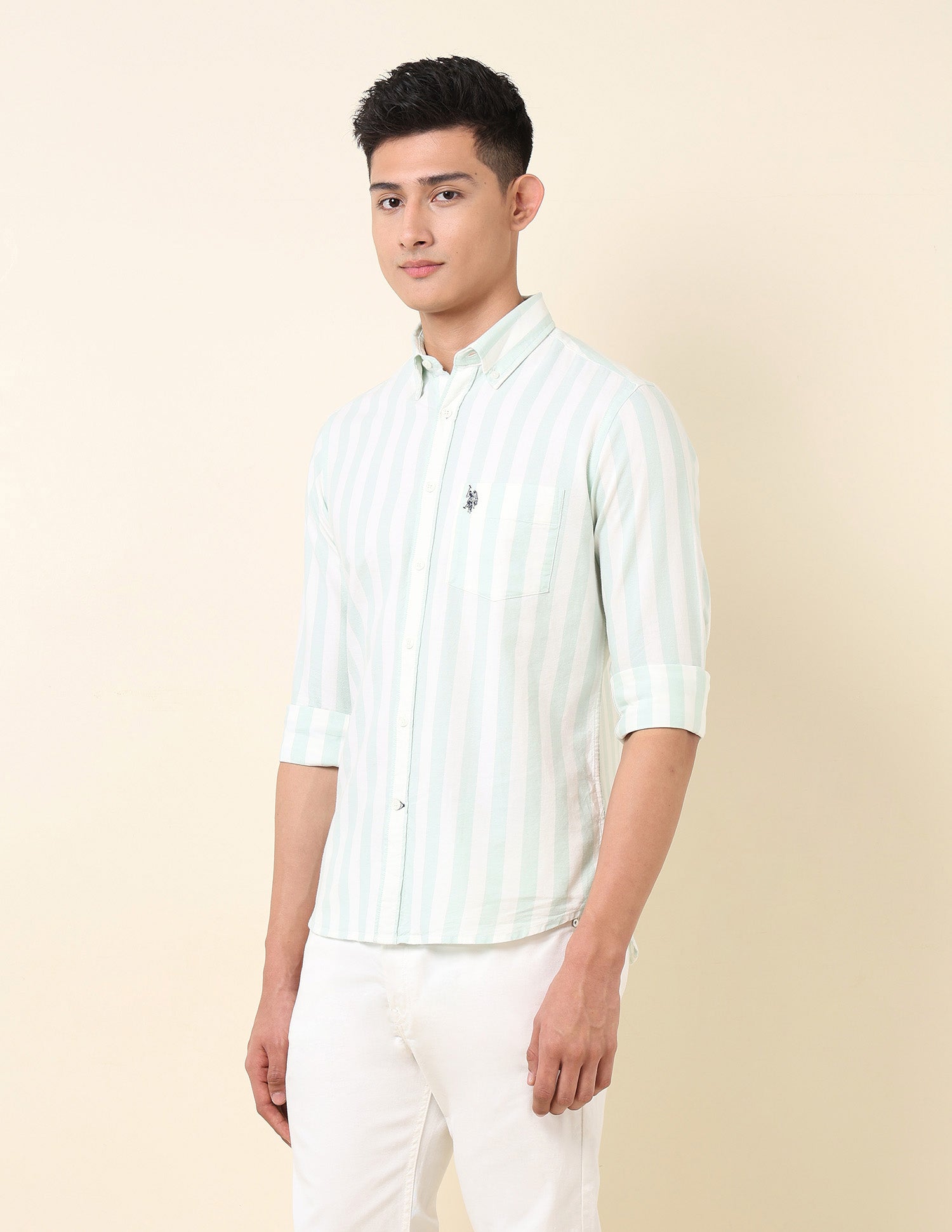 Vertical Striped Oxford Button-Down Shirt Light Green - U.S. Polo Assn. India | Large