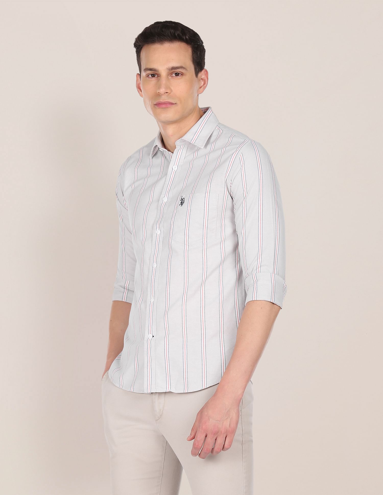 Premium Cotton Striped Casual Shirt Light Grey - U.S. Polo Assn. India | Large