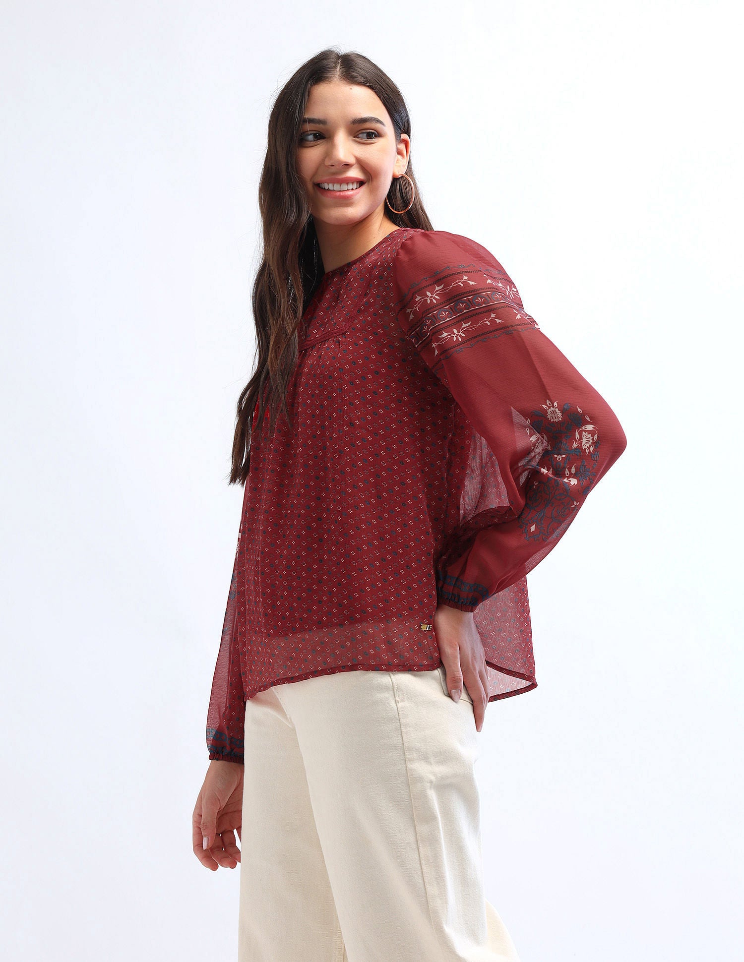 Boho Printed Crinkled Chiffon Top Multicolor - U.S. POLO ASSN. | Large