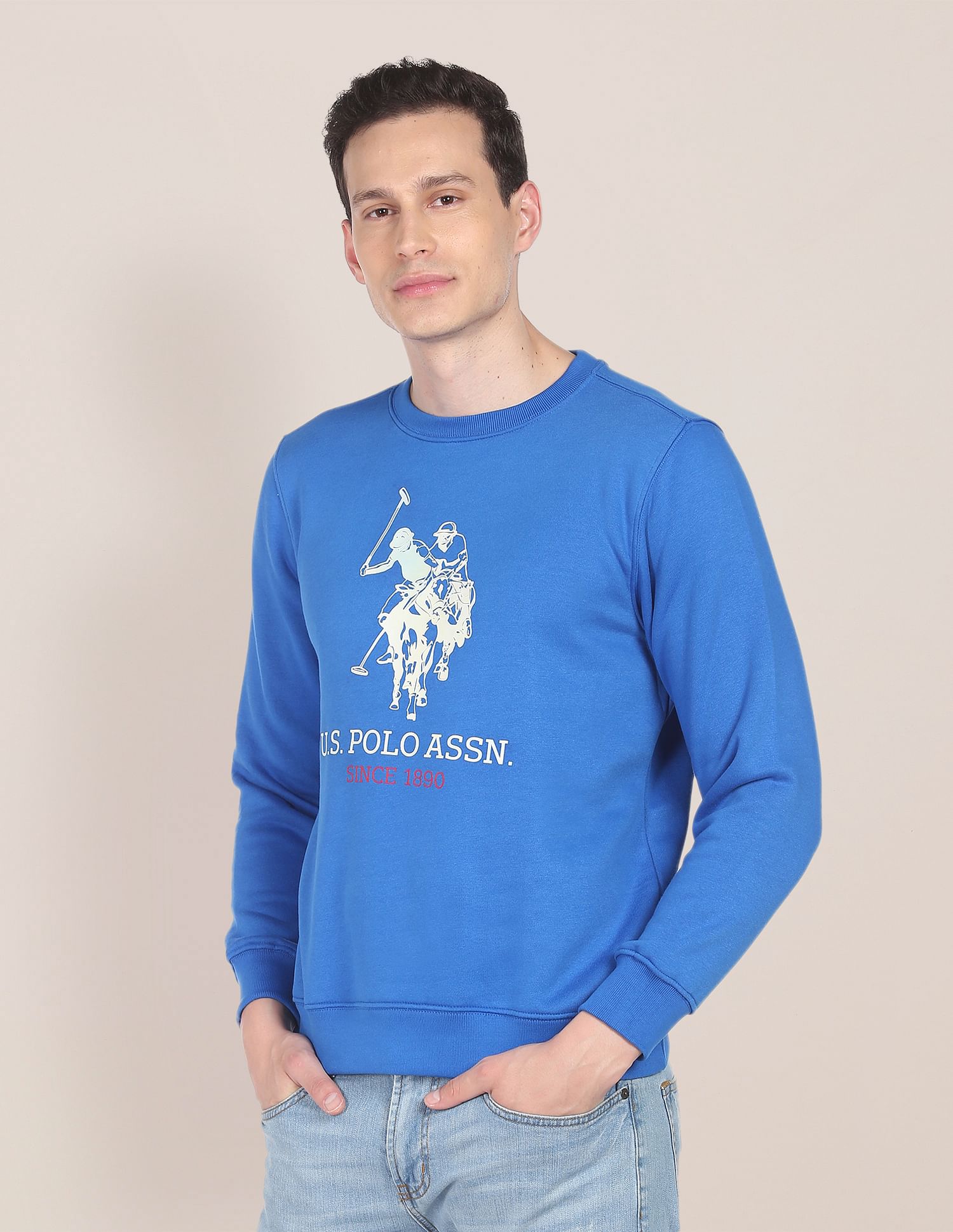 Men Blue Crew Neck Logo Print Sweatshirt Blue - U.S. POLO ASSN. | Large