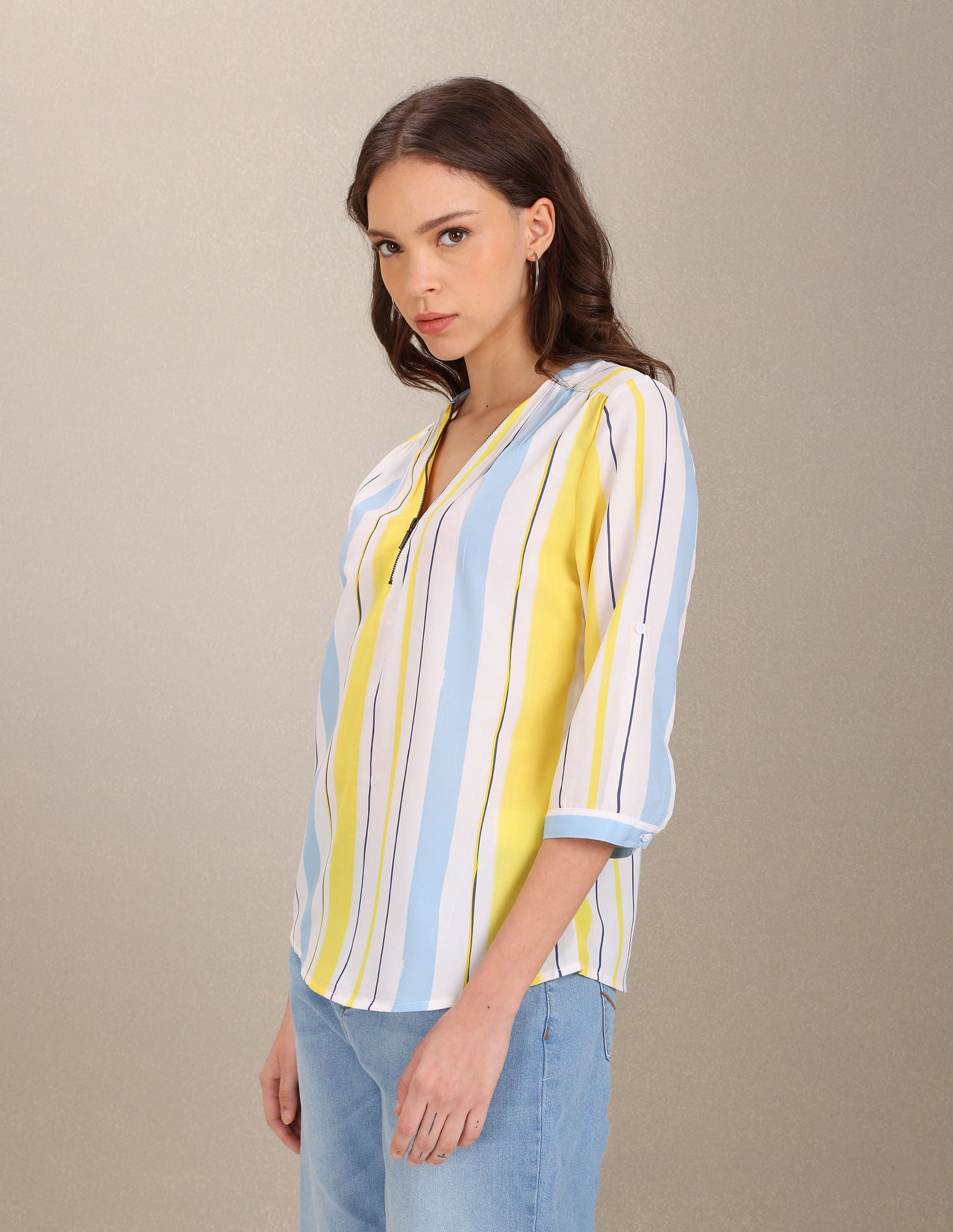 V-Neck Vertical Stripe Top Yellow and Blue - U.S. POLO ASSN. | Large