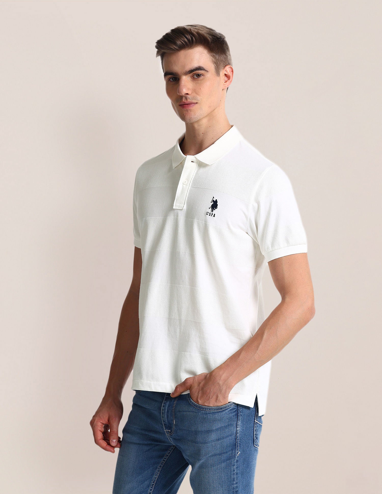 Patterned Knit Slim Fit Polo Shirt White - U.S. Polo Assn. India | Large