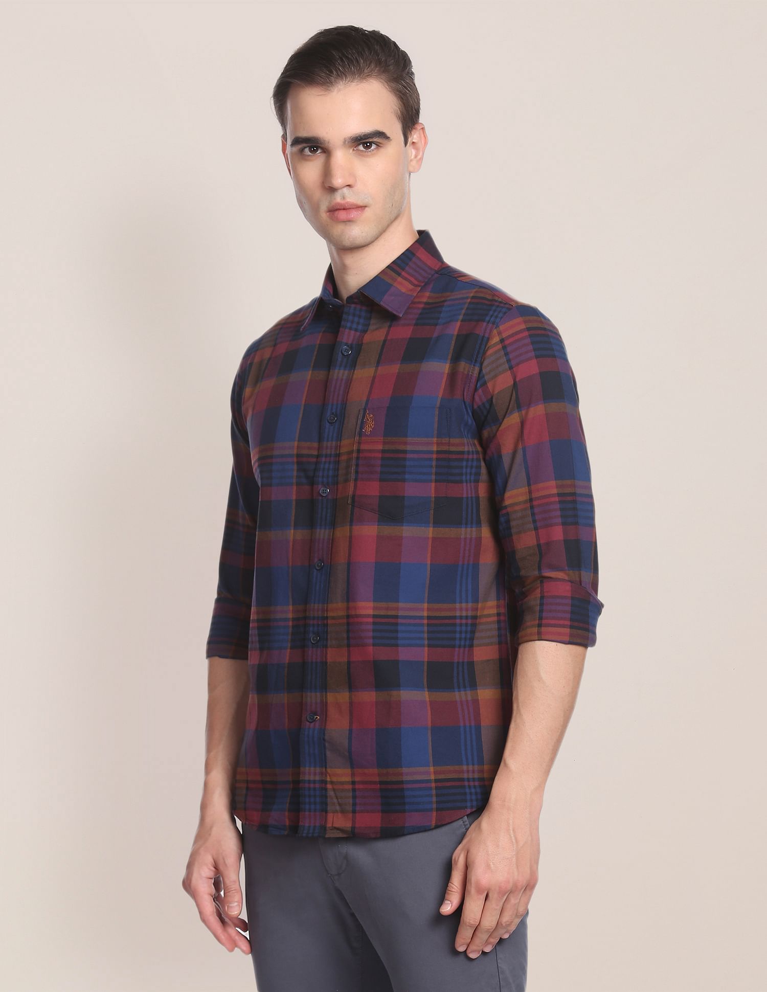 Oxford Check Cotton Casual Shirt Wine - U.S. Polo Assn. India | Large