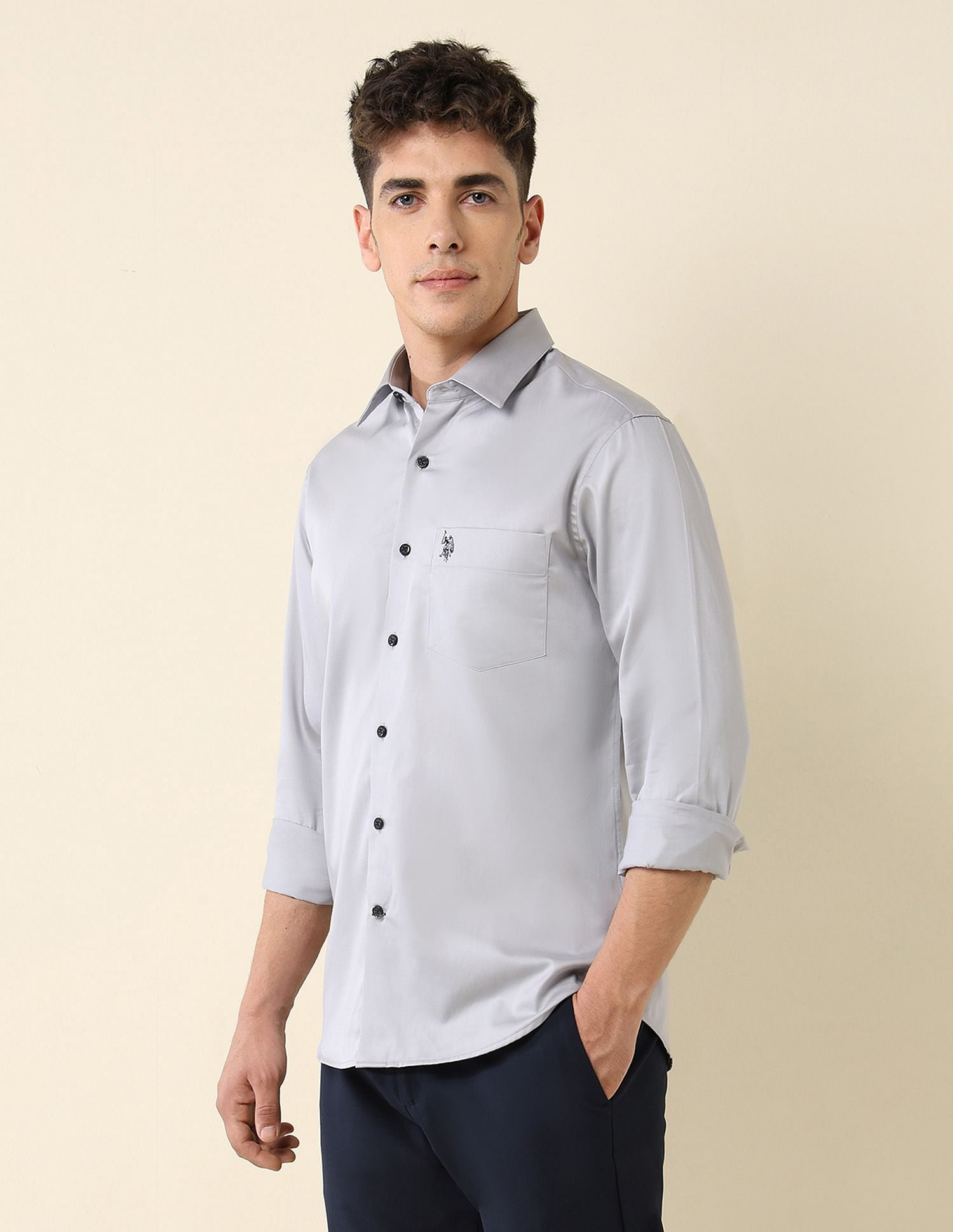 Tailored Fit Satin Shirt Light Grey - U.S. Polo Assn. India | Large