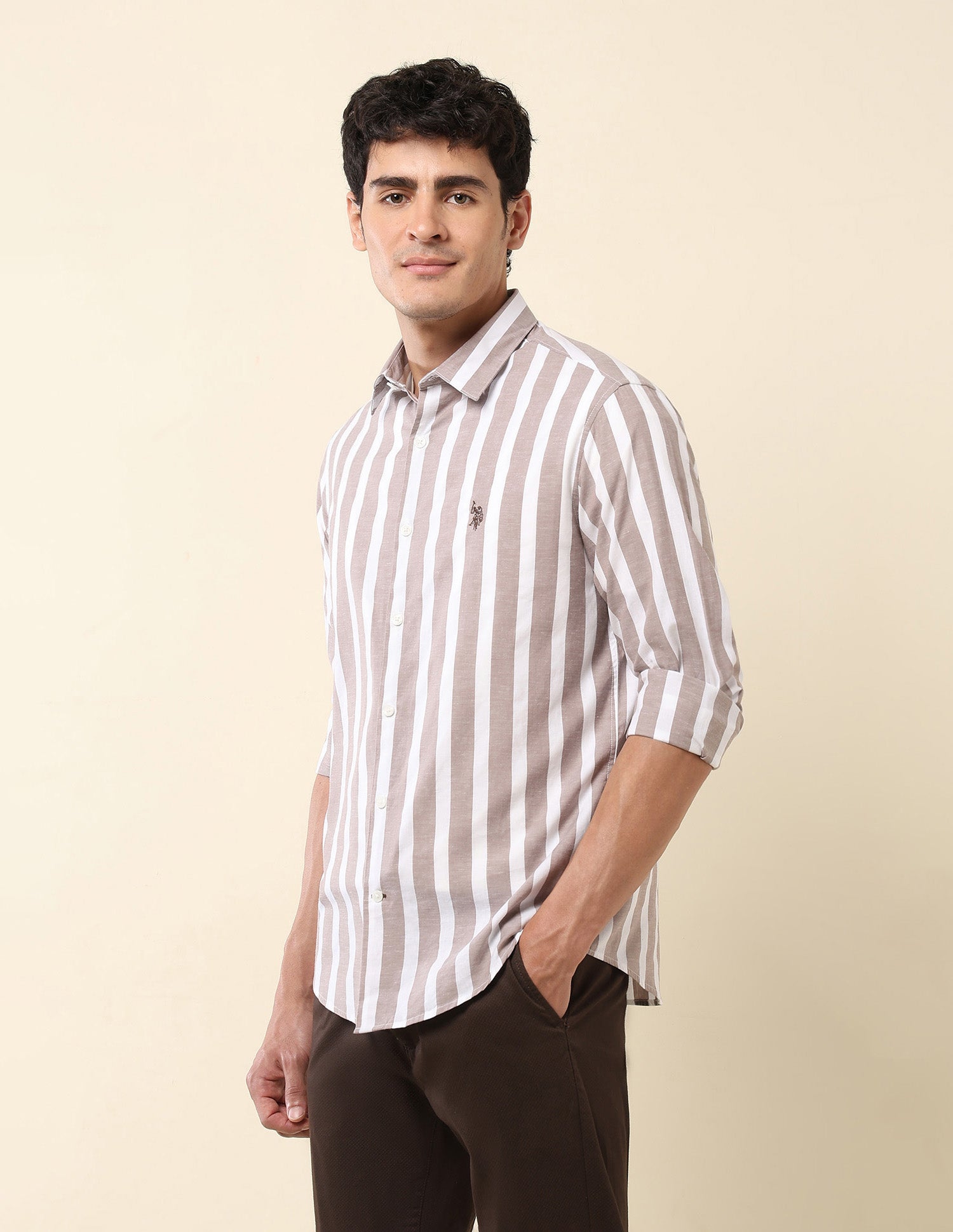 Vertical Striped Pure Cotton Shirt Choco - U.S. Polo Assn. India | Large