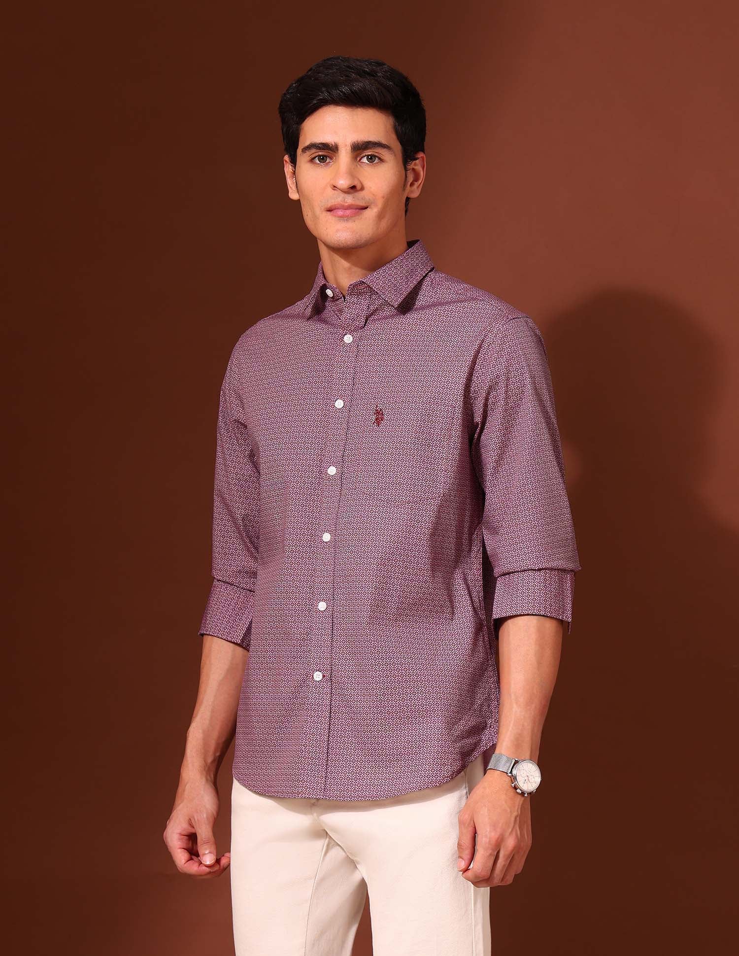 Floral Printed Tailored Fit Shirt Dark Pink - U.S. Polo Assn. India | Large