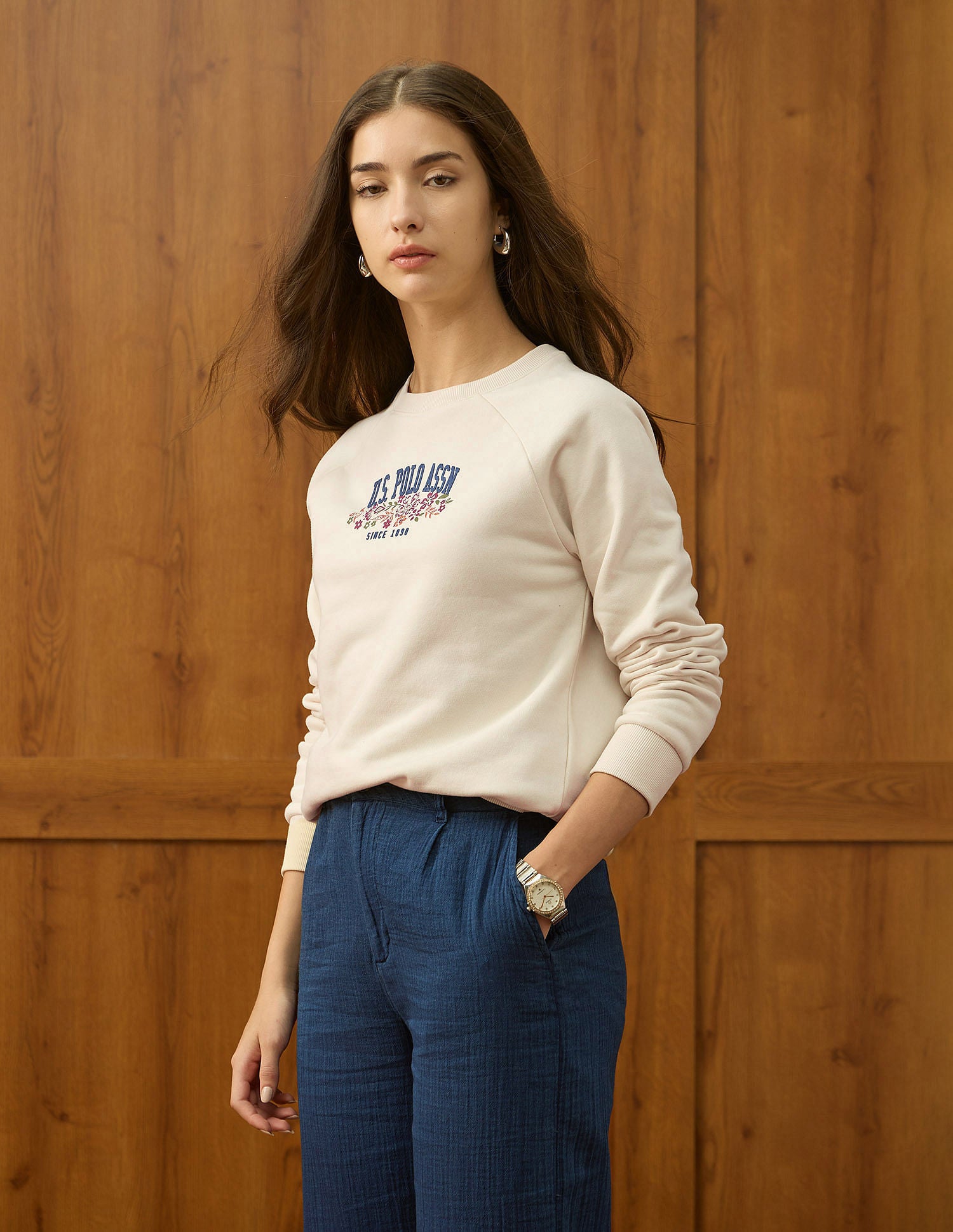 Raglan Fit Brand Printed Sweatshirt Ecru - U.S. Polo Assn. India | Large