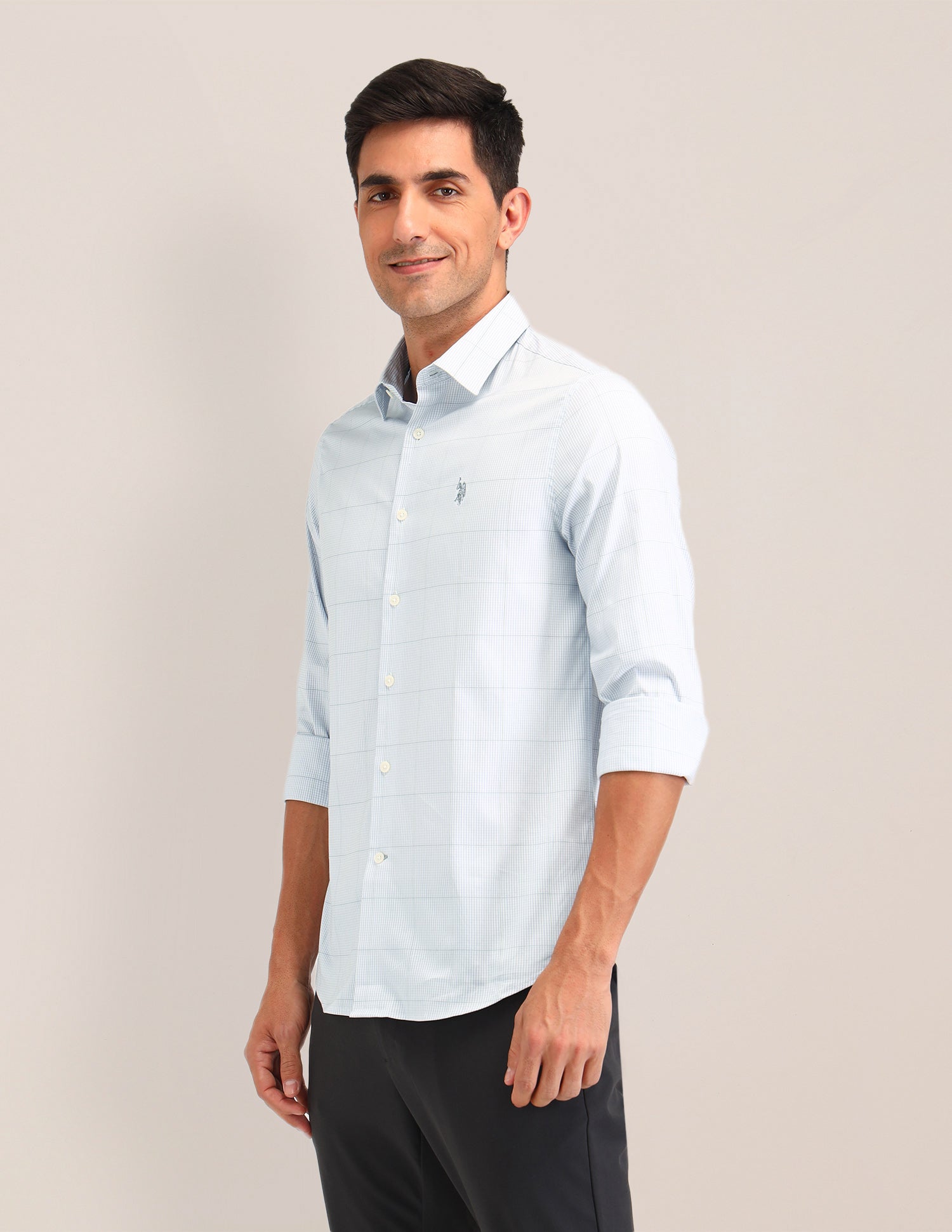 Micro Check Printed Regular Fit Shirt Light Grey - U.S. Polo Assn. India | Large