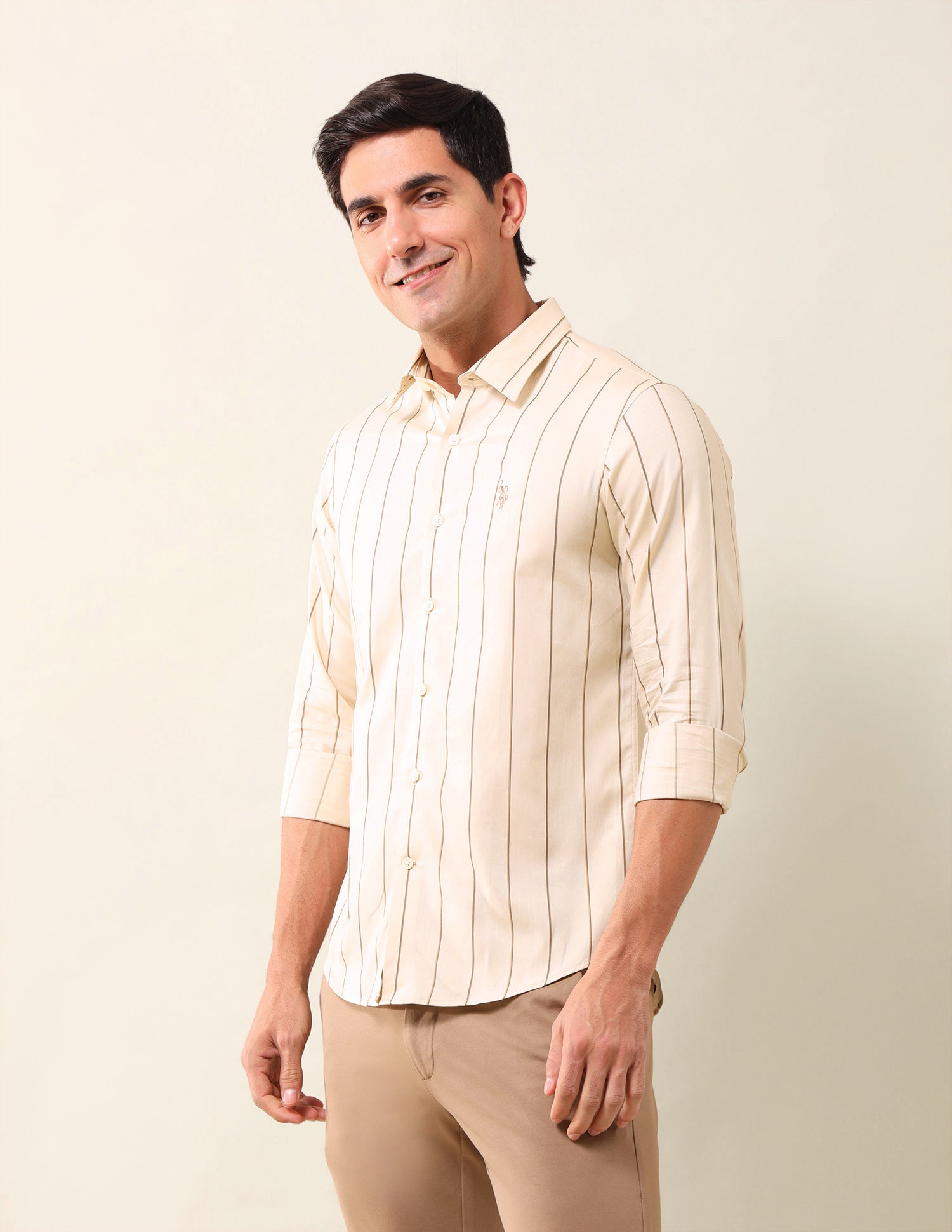 Vertical Striped Tailored Fit Shirt Light Beige - U.S. Polo Assn. India | Large