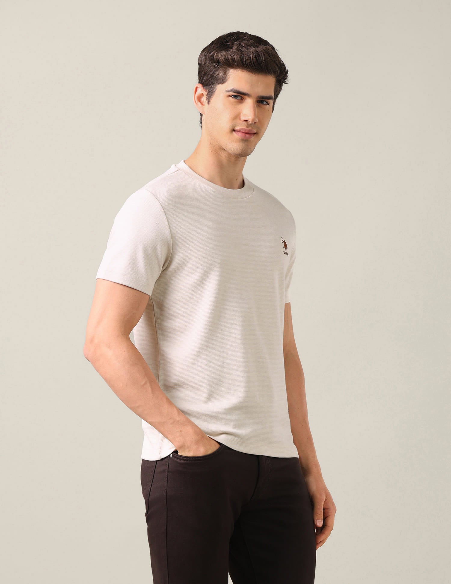 Solid Slim Fit T-Shirt Beige - U.S. Polo Assn. India | Large