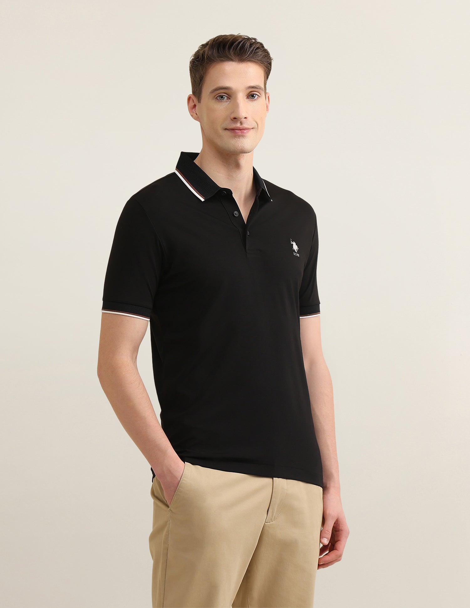 Solid Sotogrande Slim Fit Polo Shirt Black - U.S. Polo Assn. India | Large