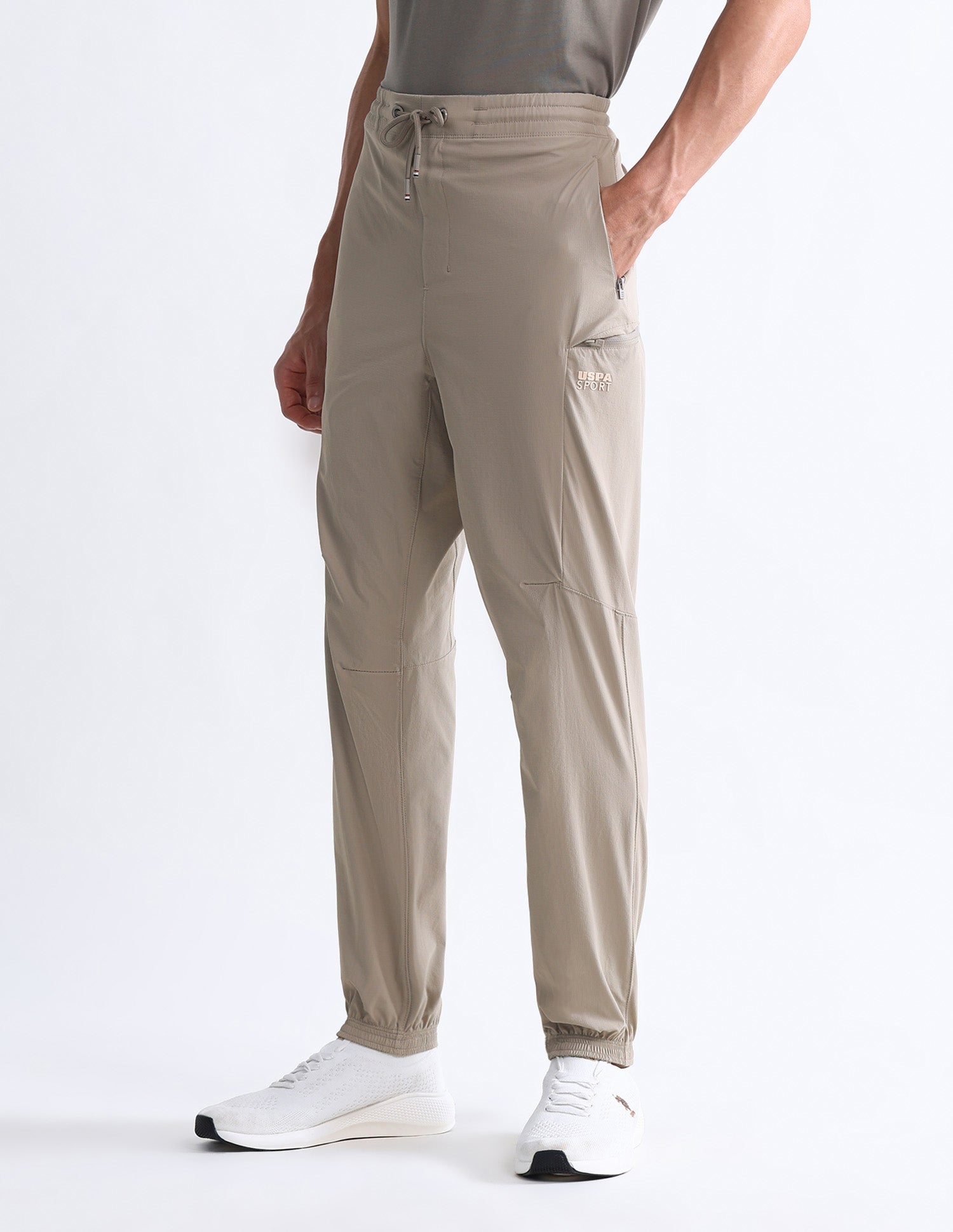 Solid Slim Fit Active Joggers Beige - U.S. Polo Assn. India | Large