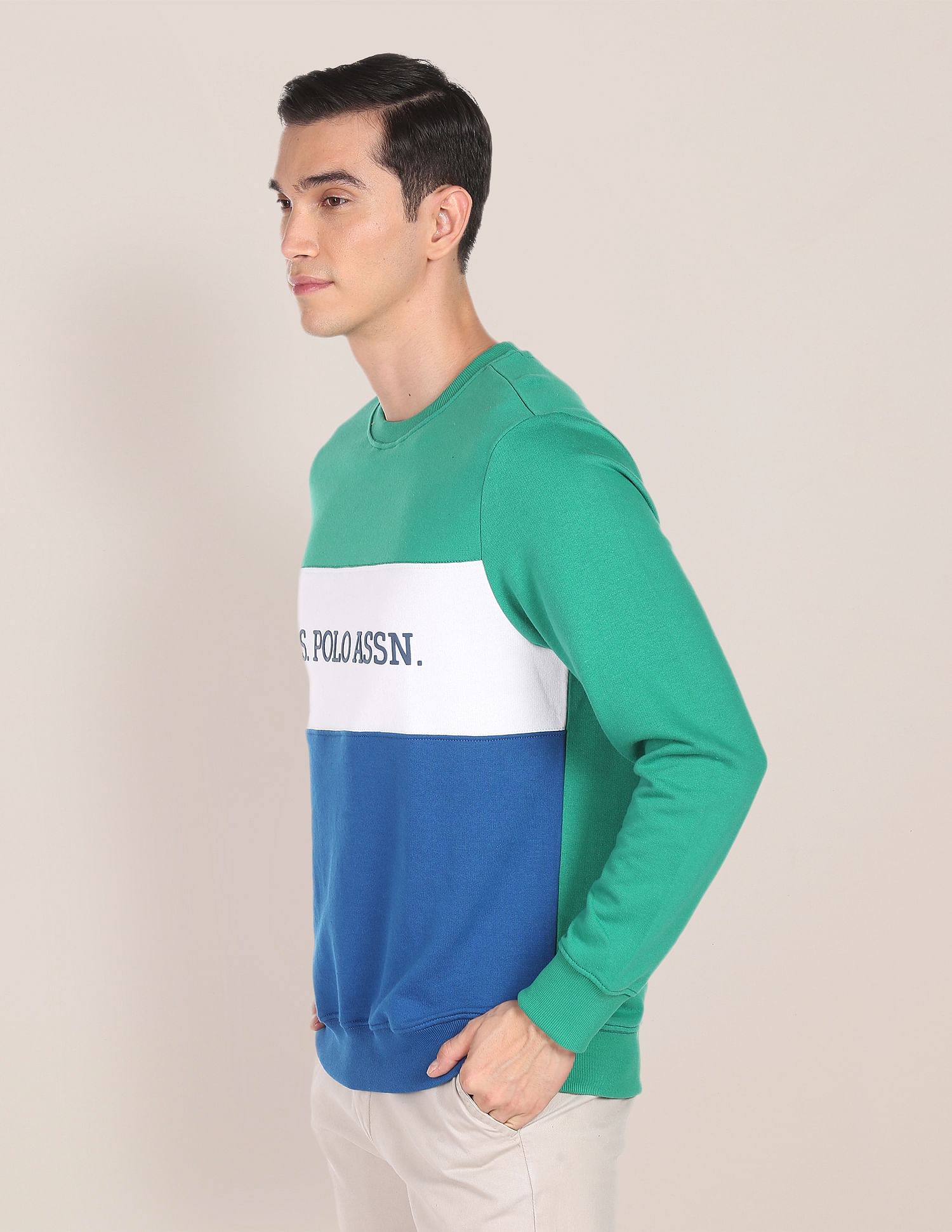 Crew Neck Colour Block Sweatshirt Green - U.S. POLO ASSN. | Large
