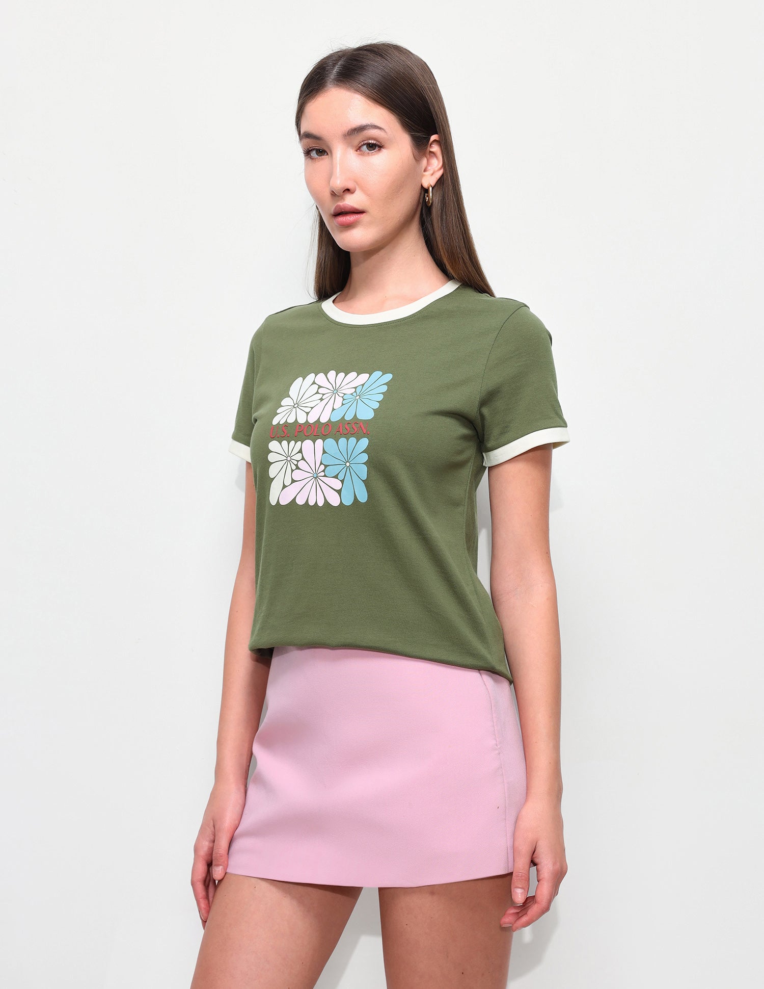 Floral Printed Regular Fit Ringer T-Shirt Olive - U.S. Polo Assn. India | Large