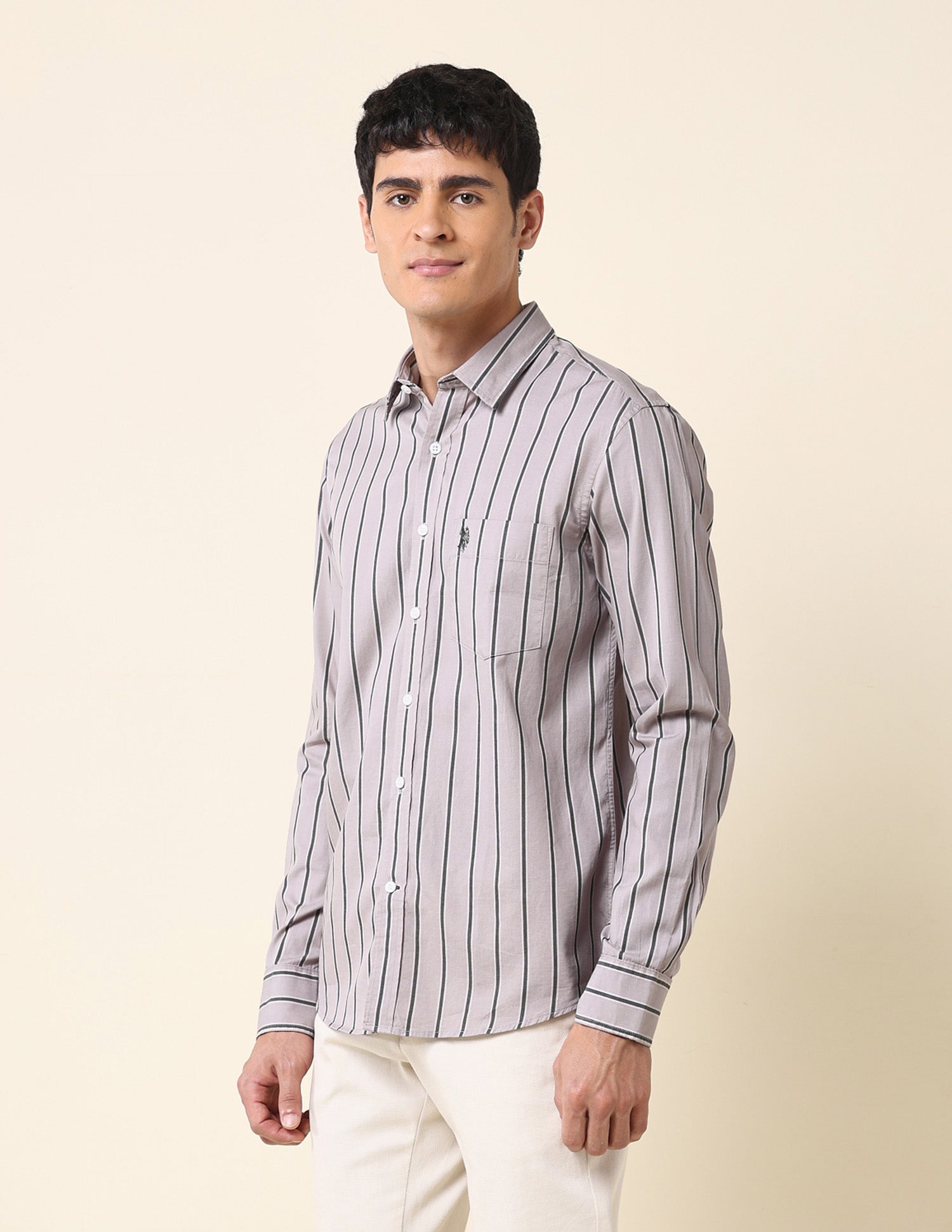 Vertical Striped Tailored Fit Shirt Light Khaki - U.S. Polo Assn. India | Large