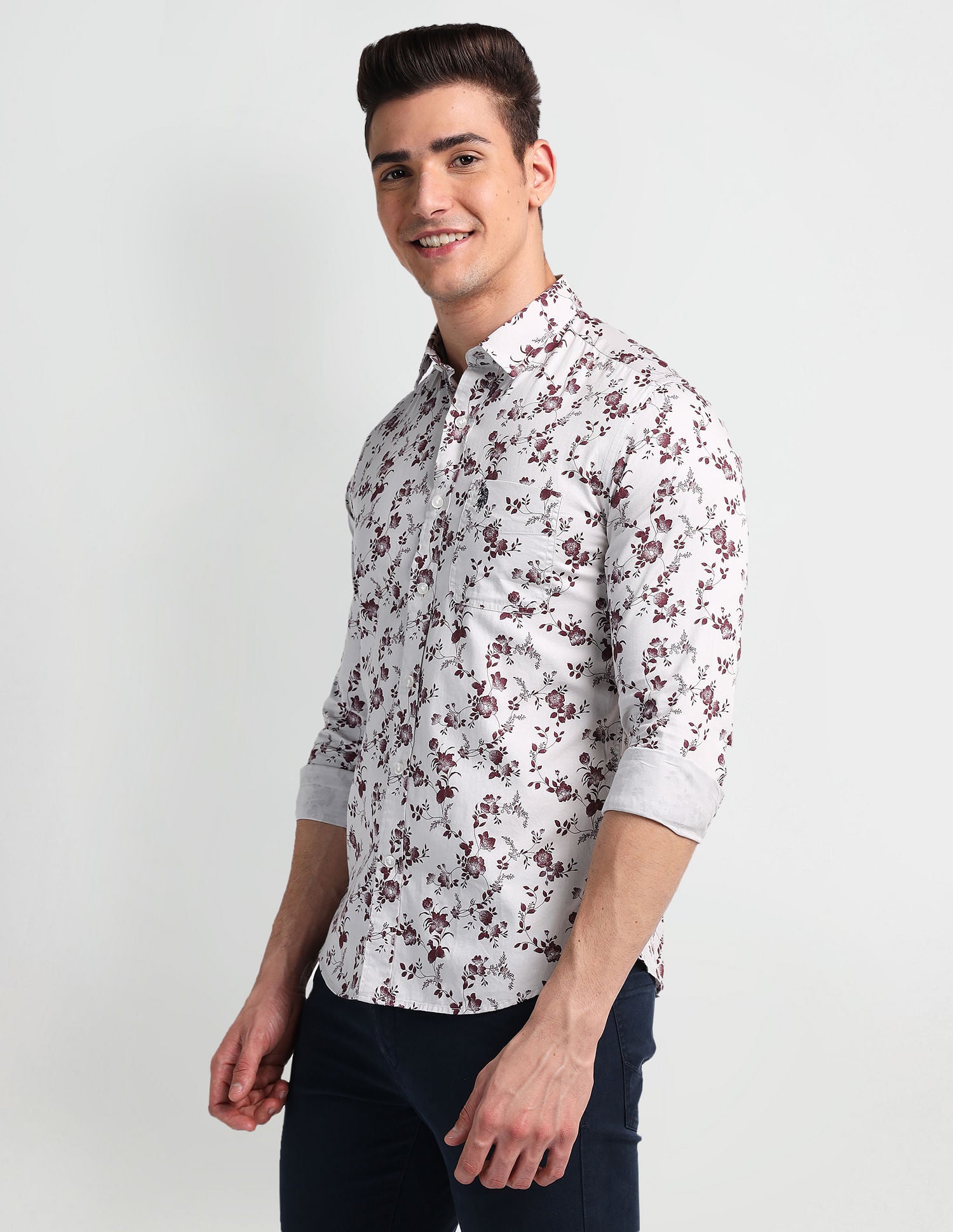 Floral Print Twill Shirt White and Maroon - U.S. Polo Assn. India | Large