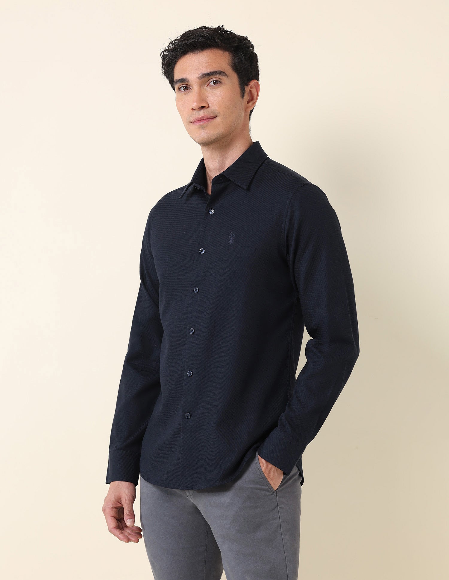 Tailored Fit Solid Shirt Navy - U.S. Polo Assn. India | Large