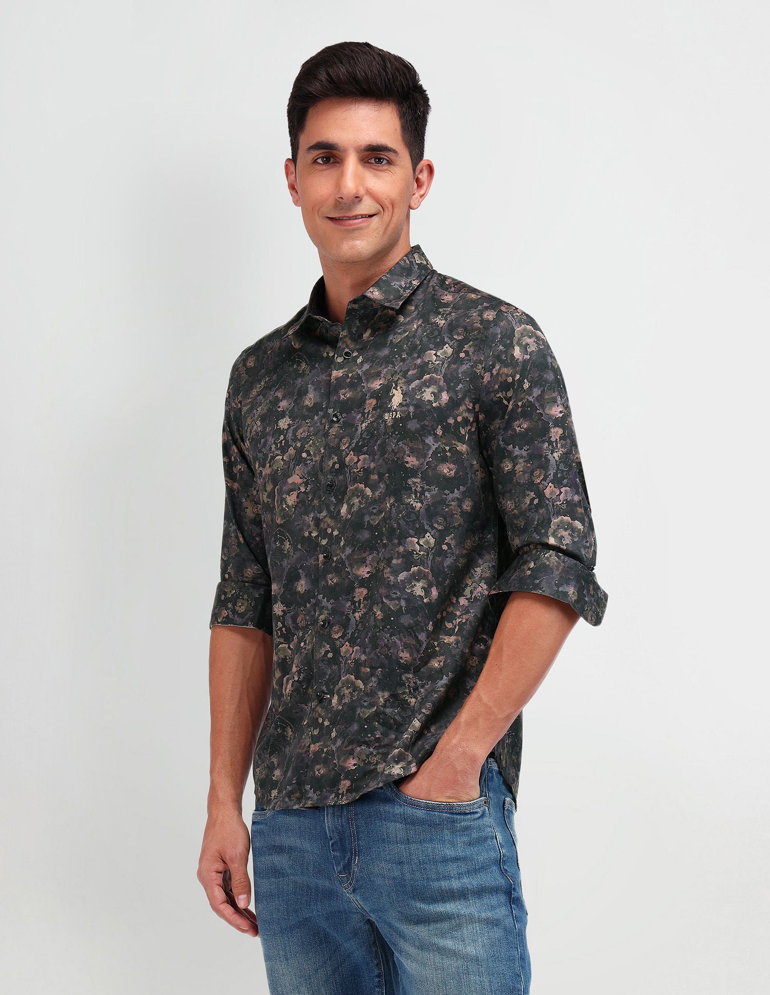 Slim Fit Satin Shirt Olive - U.S. Polo Assn. India | Large