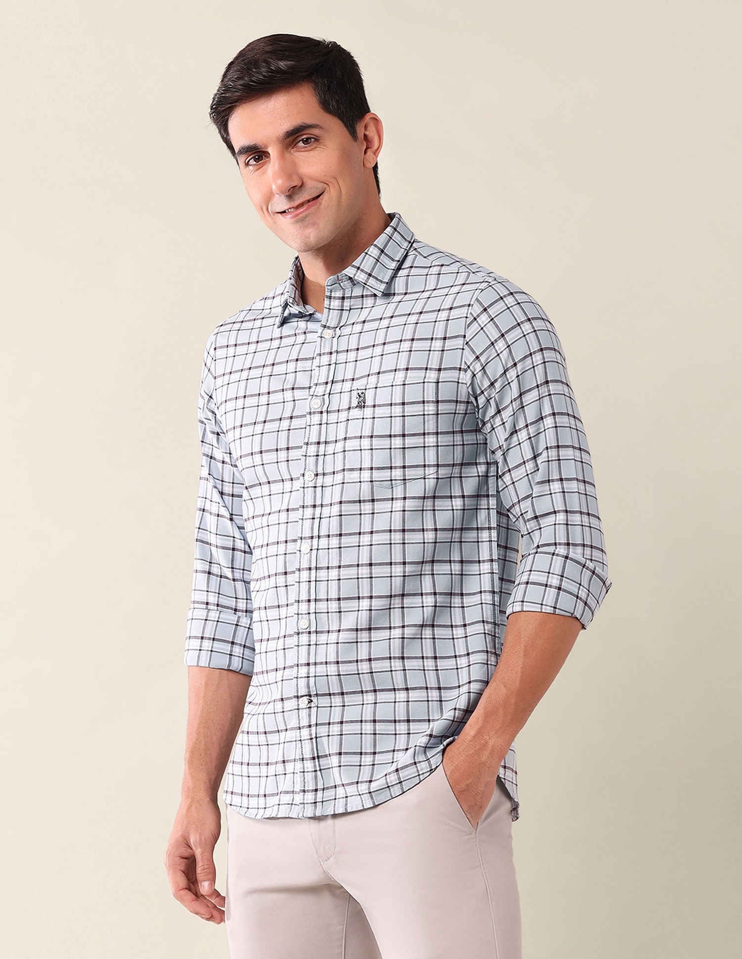 Tailored Fit Checked Shirt Light Grey - U.S. Polo Assn. India | Large