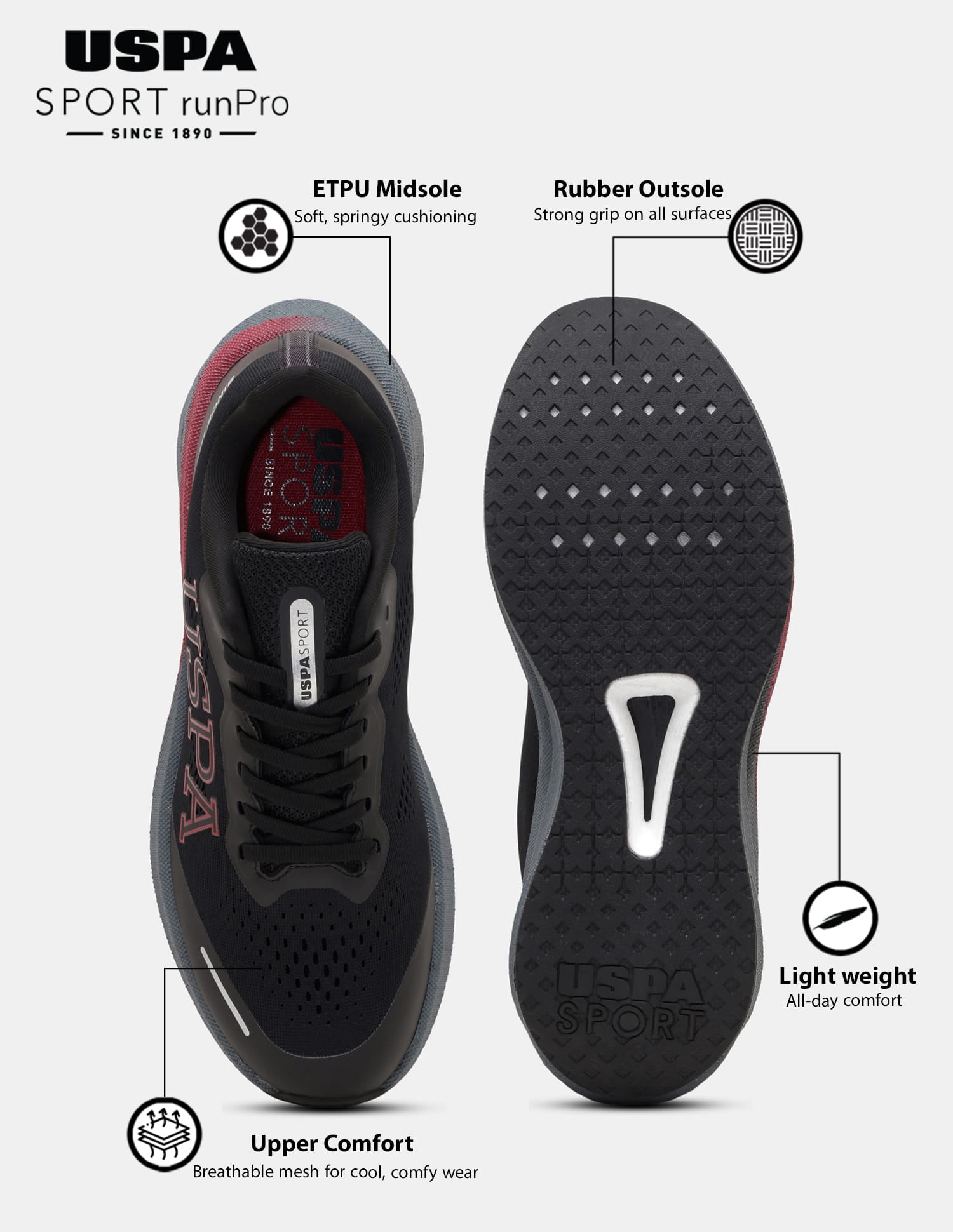 Men Rainer USPA Sport Runpro Running Shoes Black - U.S. Polo Assn. India | Large