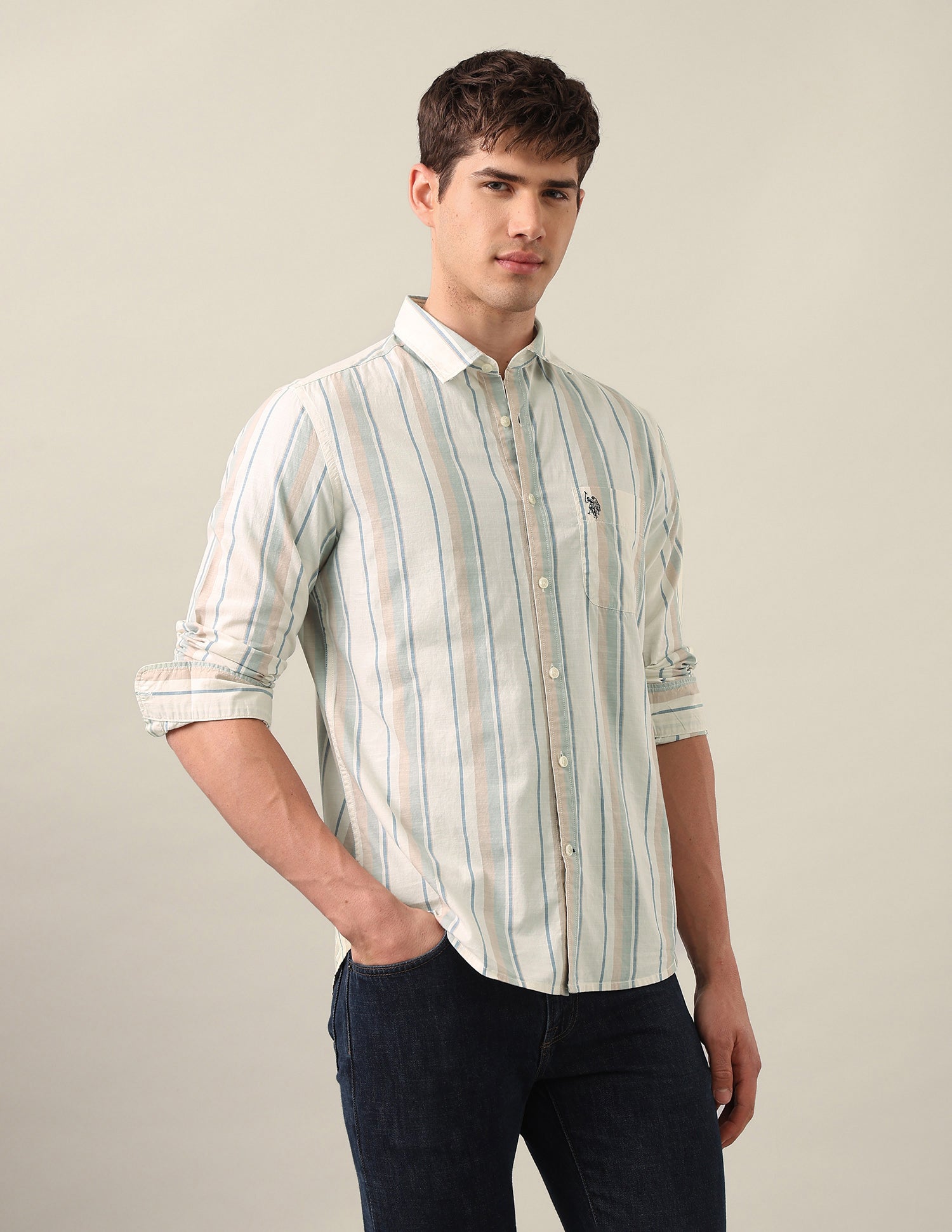 Regular Fit Vertical Striped Shirt Light Green - U.S. Polo Assn. India | Large