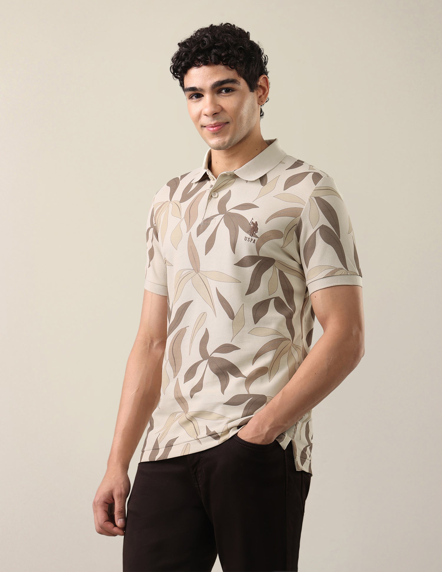 Tropical Printed Slim Fit Polo Shirt Beige - U.S. Polo Assn. India | Large