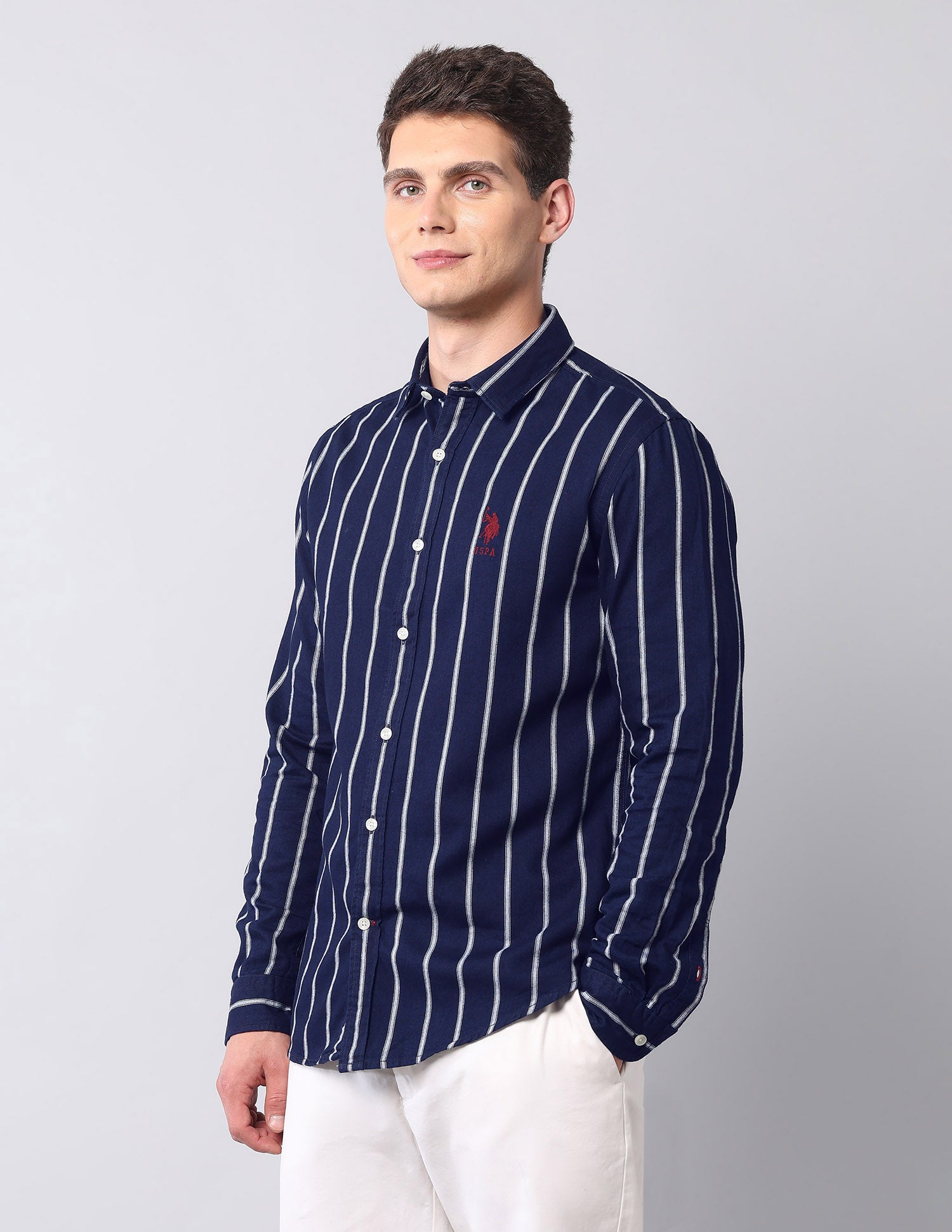 Vertical Striped Pure Cotton Shirt Indigo - U.S. Polo Assn. India | Large