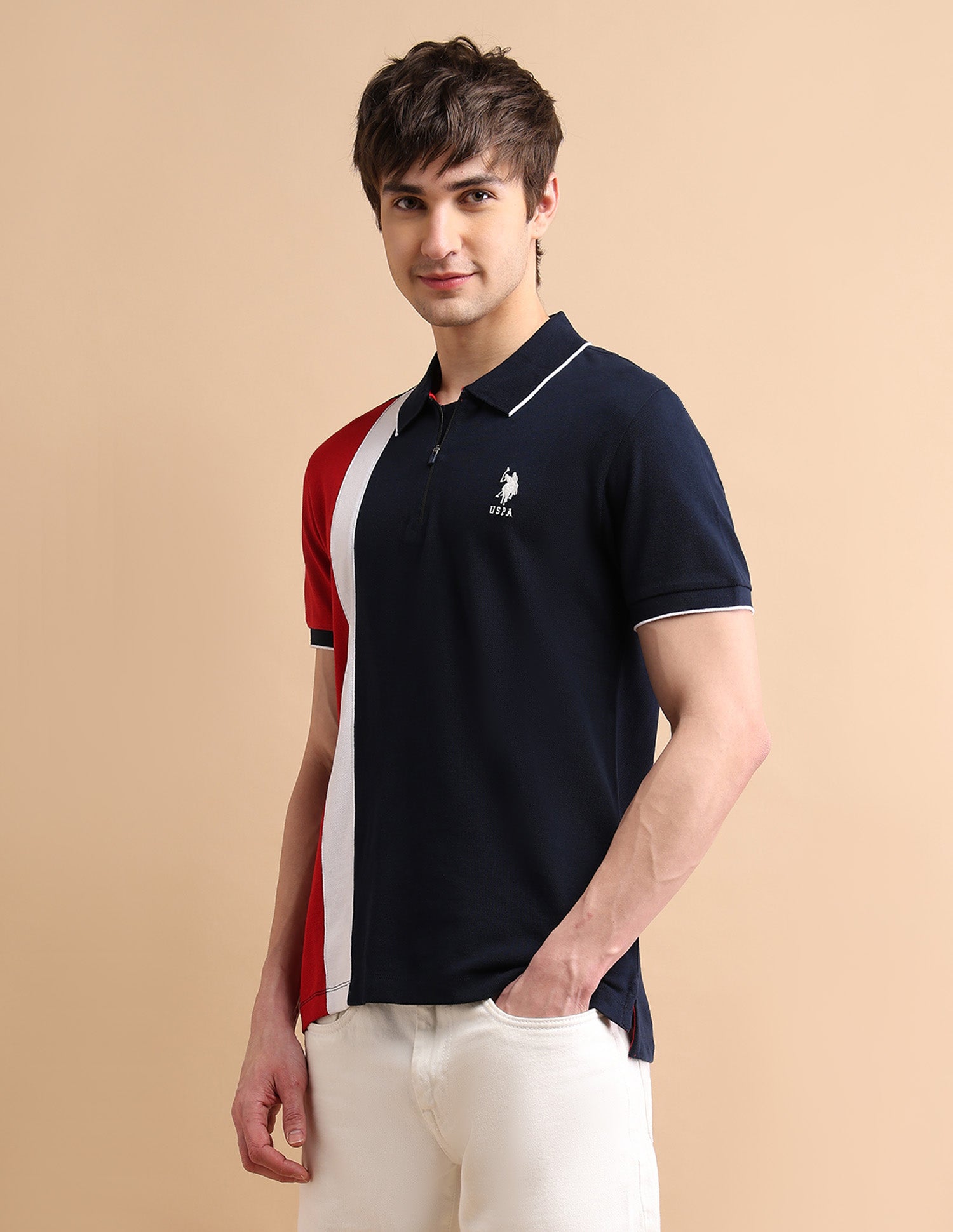 Colour Block Zipper Polo Shirt Navy - U.S. POLO ASSN. | Large