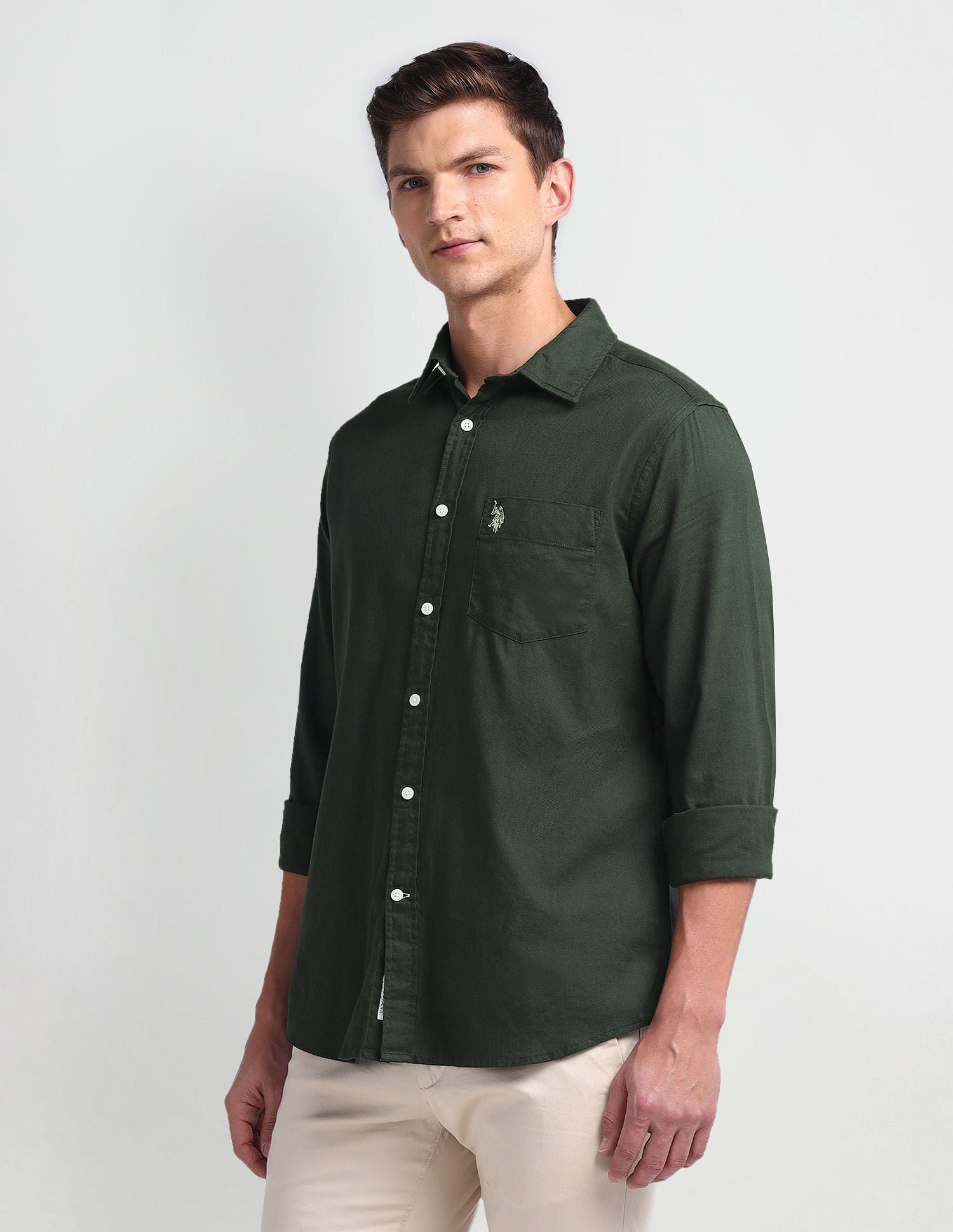 Semi Cutaway Collar Tailored Fit Shirt Olive - U.S. Polo Assn. India | Large