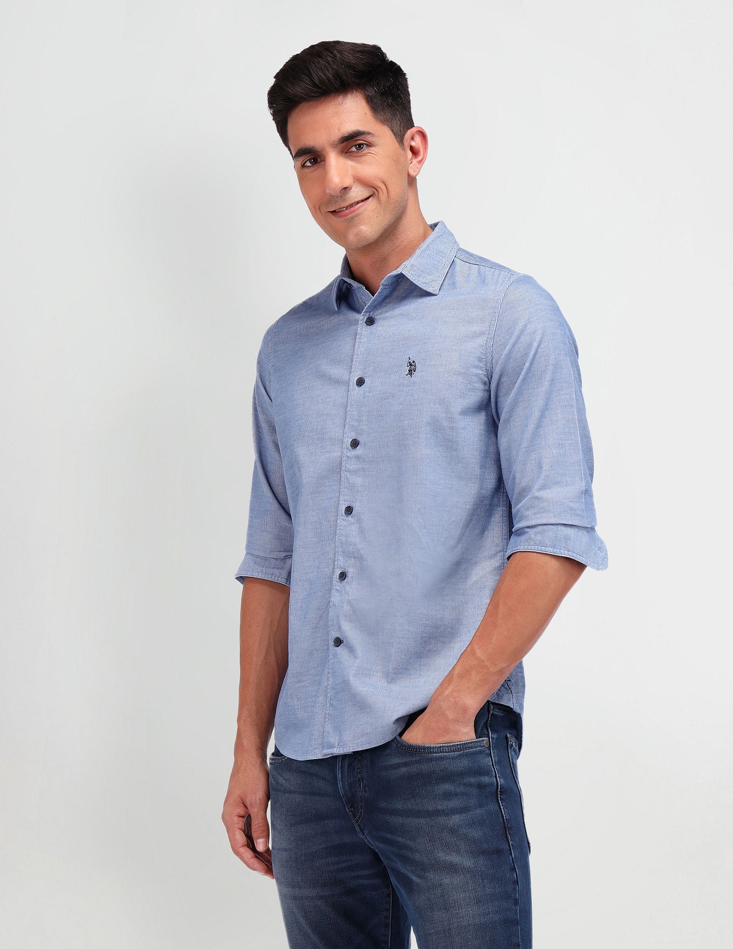 Slim Fit Corduroy Shirt Blue - U.S. Polo Assn. India | Large