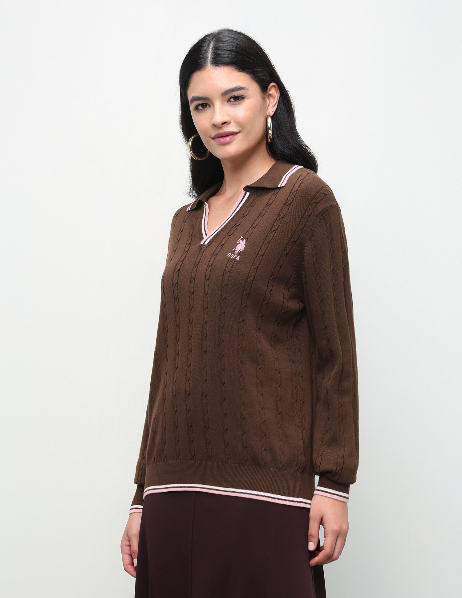 Cable Patterned Knit Regular Fit Sweater Brown - U.S. Polo Assn. India | Large