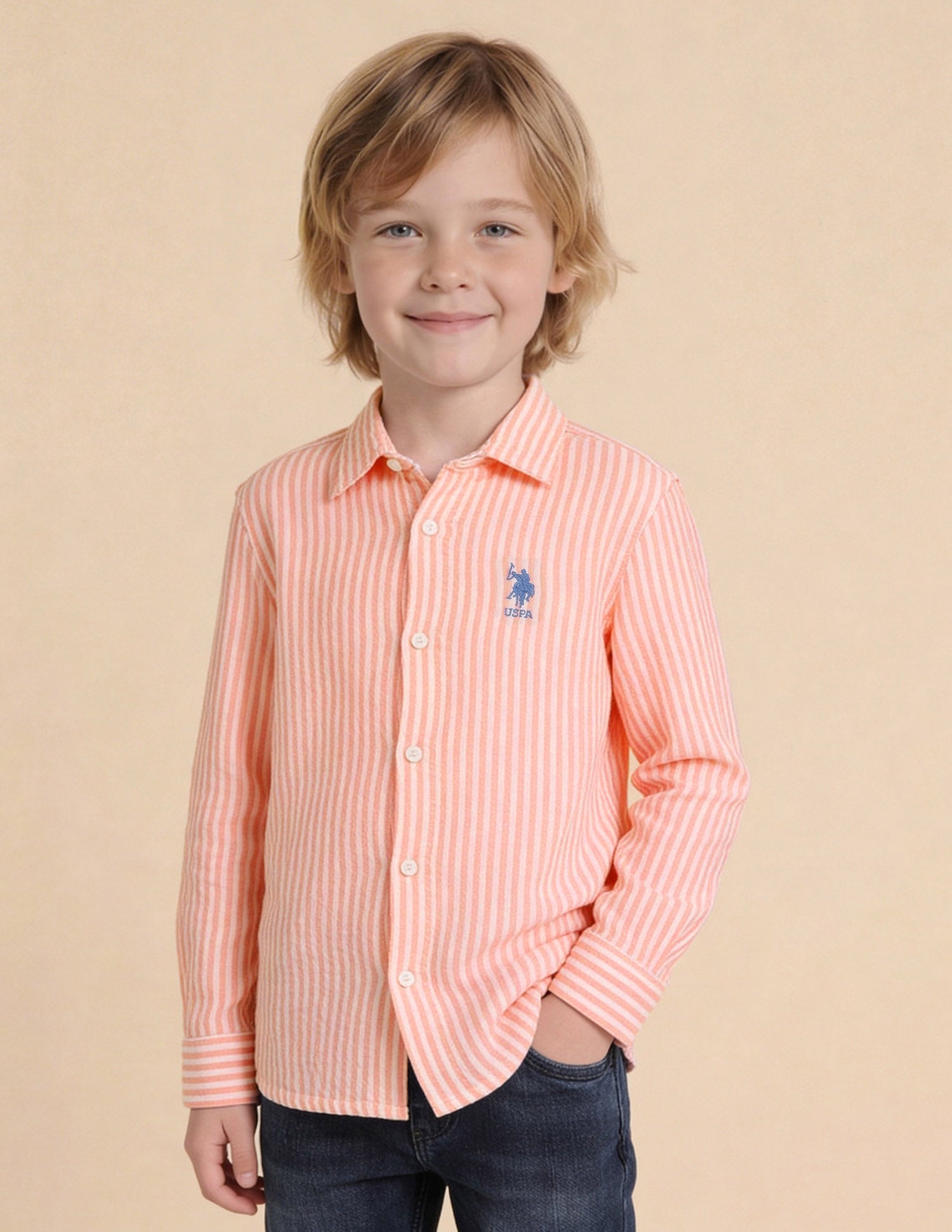 Vertical Striped Seersucker Shirt Orange - U.S. Polo Assn. India | Large